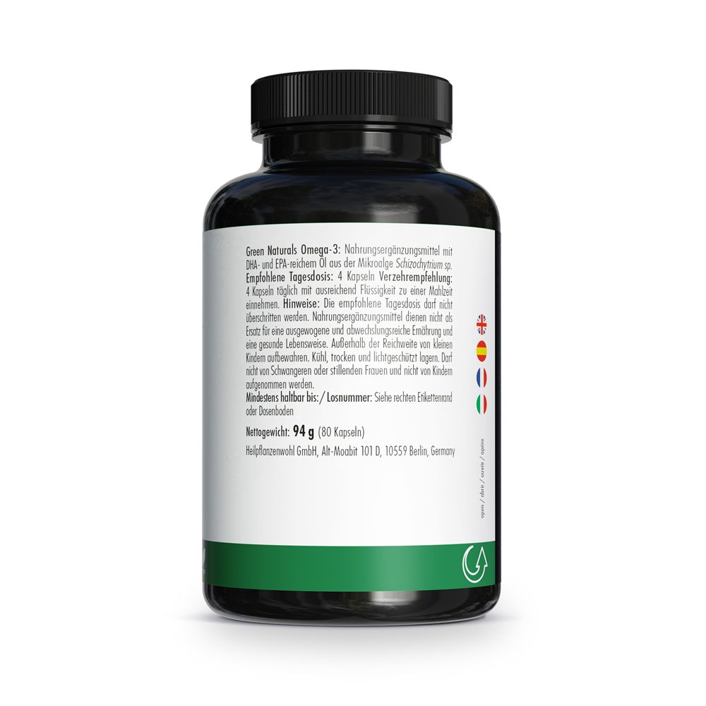 Flacon Green Naturals Oméga-3 : 1835mg d'huile d'algues, 80 gélules, végétalien.