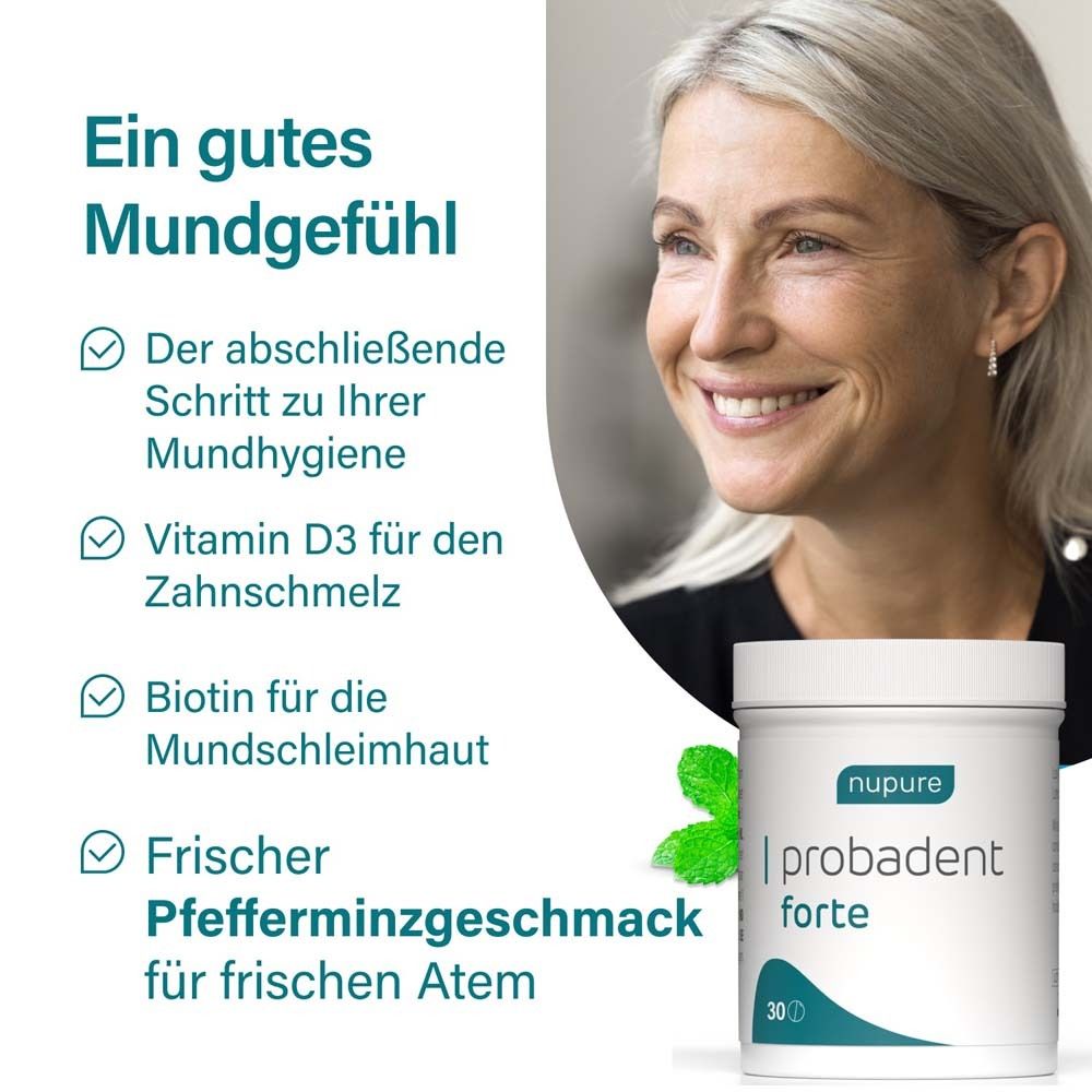 Femme souriante. Texte : Une bonne sensation en bouche. Produit : nupure probadent forte. 30 comprimés. Texte en allemand.