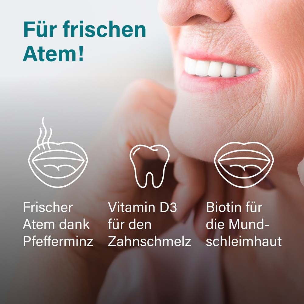 Texte : Pour une haleine fraîche ! Graphiques : bouche, dent, bouche. Texte : Vitamine D3, biotine. Produit : nupure probadent forte.
