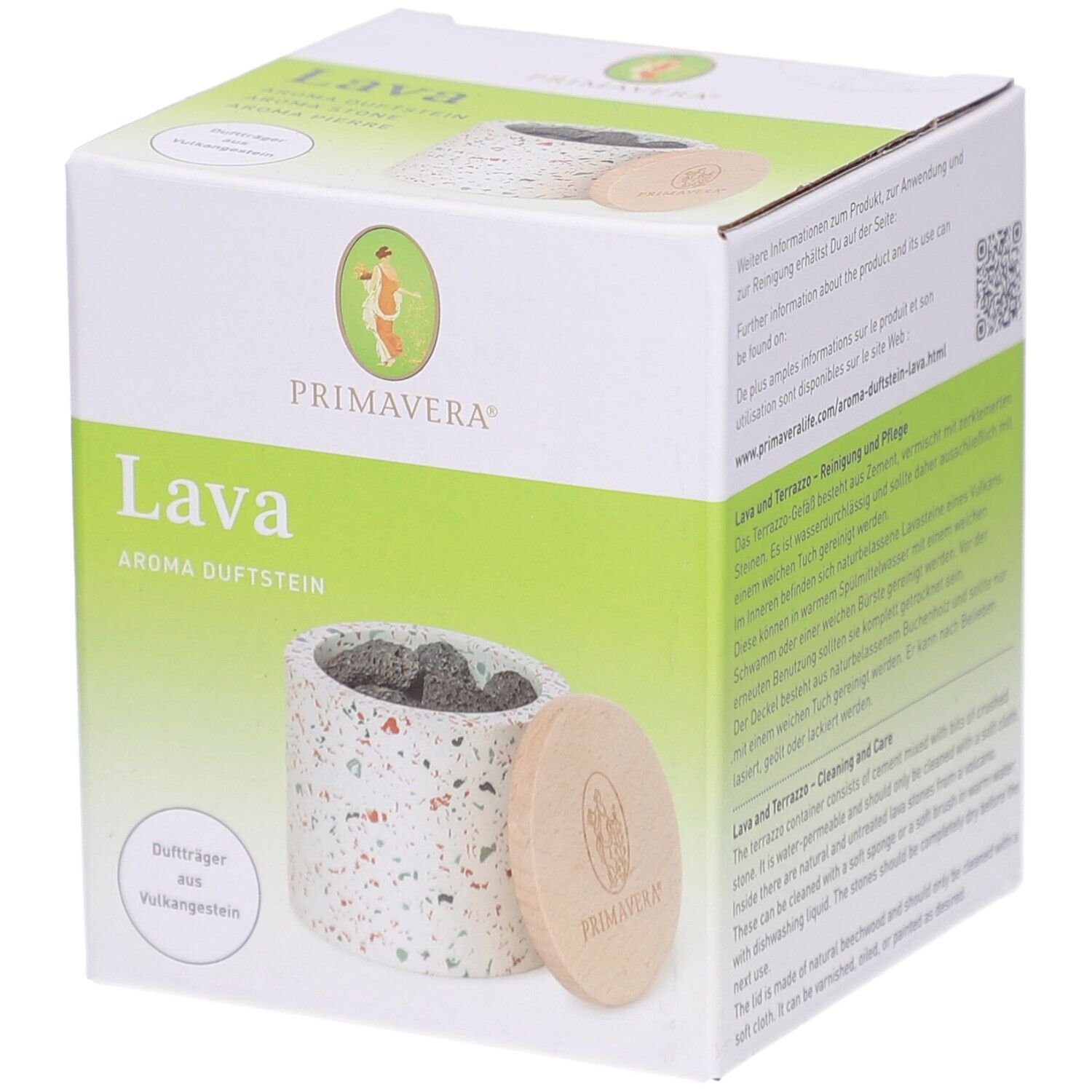 Boîte Primavera® Aroma Duftstein Lava. Récipient blanc avec pierres de lave et couvercle en bois. Logo et nom.