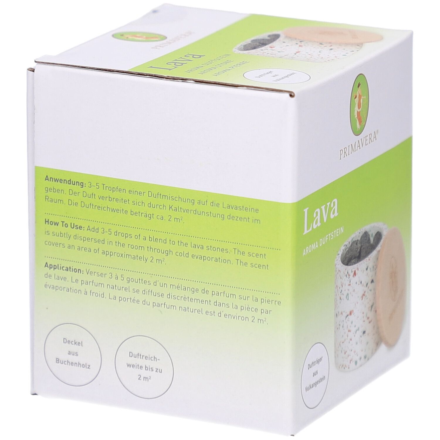 Boîte Primavera® Aroma Duftstein Lava. Texte sur l'utilisation et l'application. Récipient avec pierres de lave et couvercle.