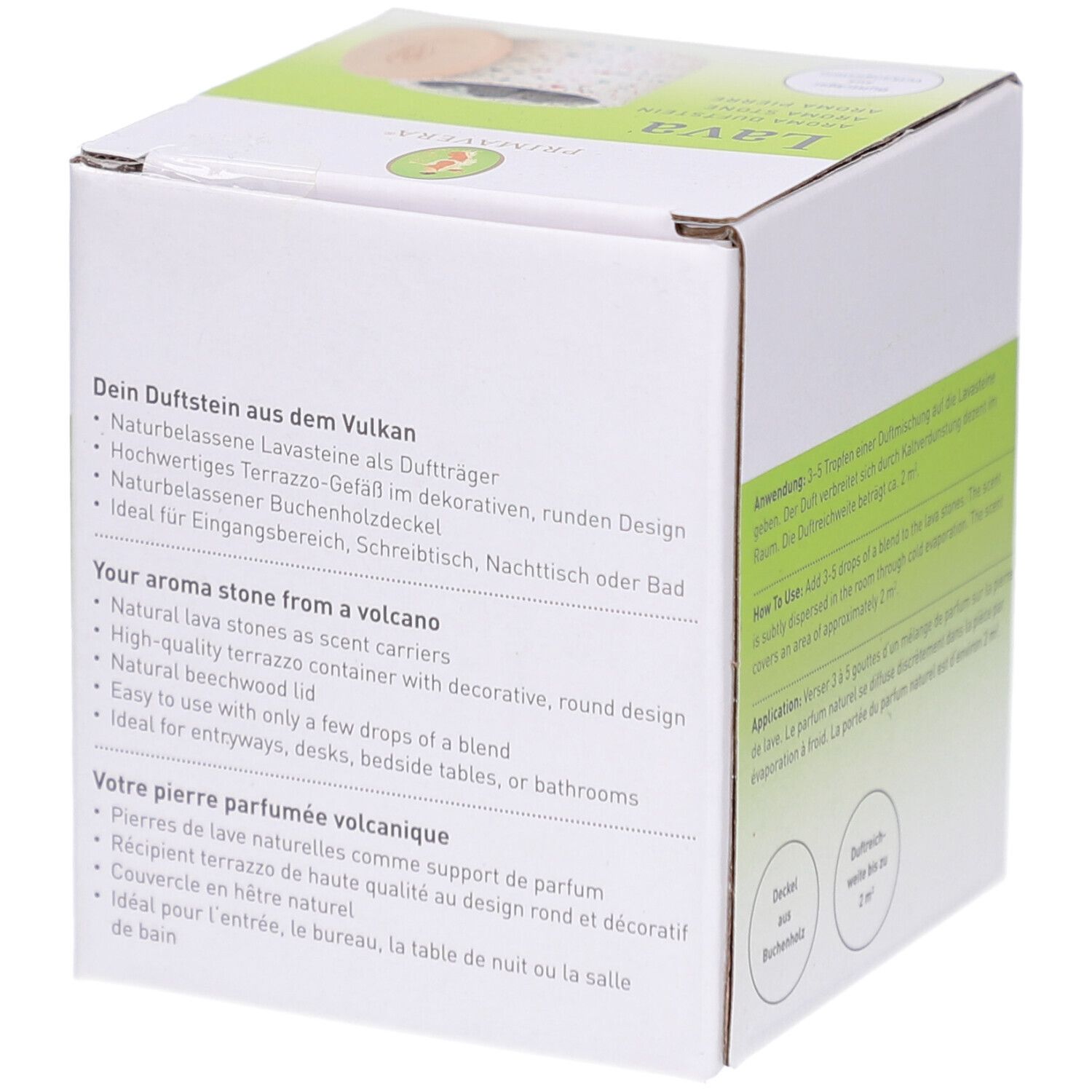 Boîte Primavera® Aroma Duftstein Lava. Texte sur la pierre parfumée, pierres de lave, couvercle en bois. Logo et nom.