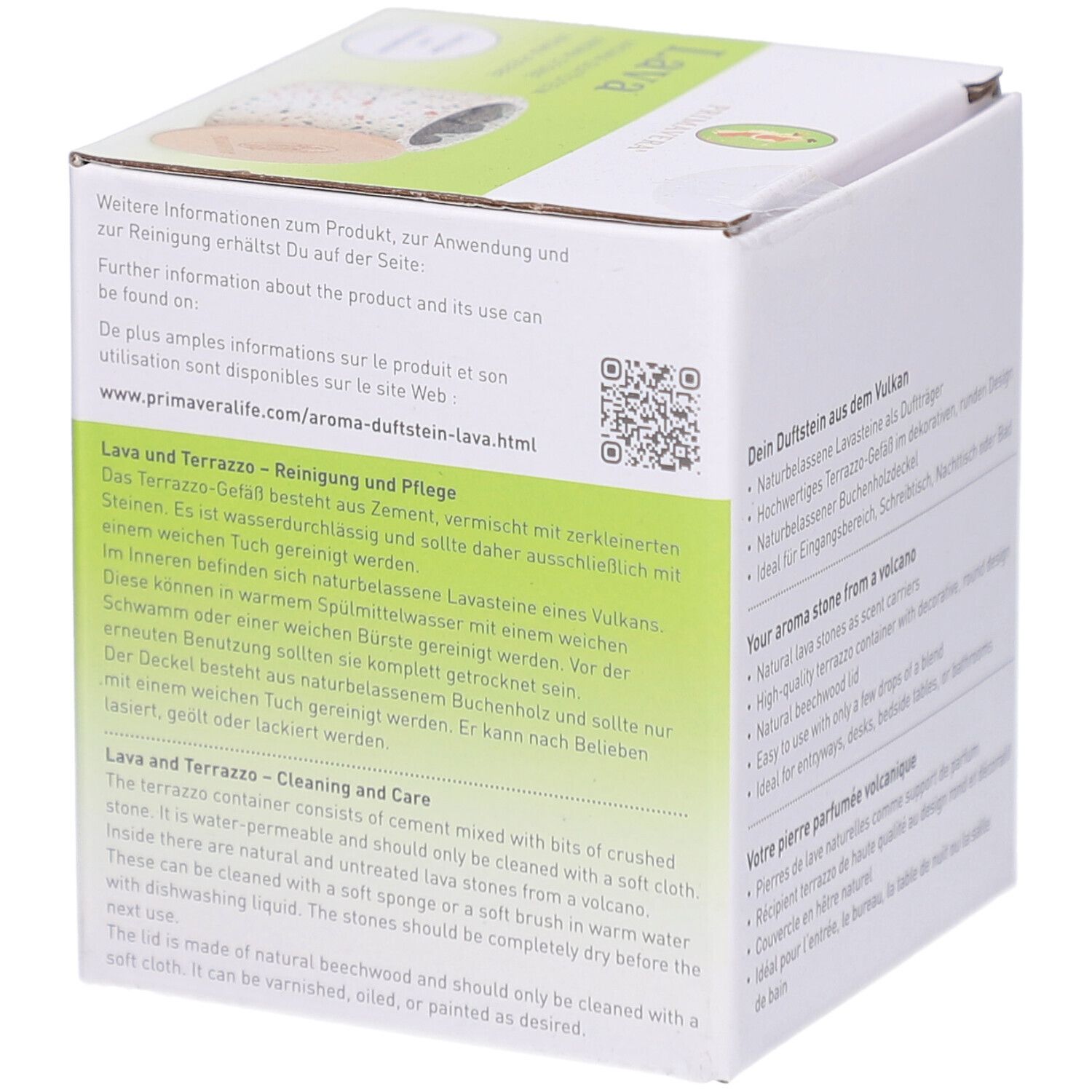 Boîte Primavera® Aroma Duftstein Lava. Texte sur le nettoyage et l'entretien. Récipient avec pierres de lave et couvercle.