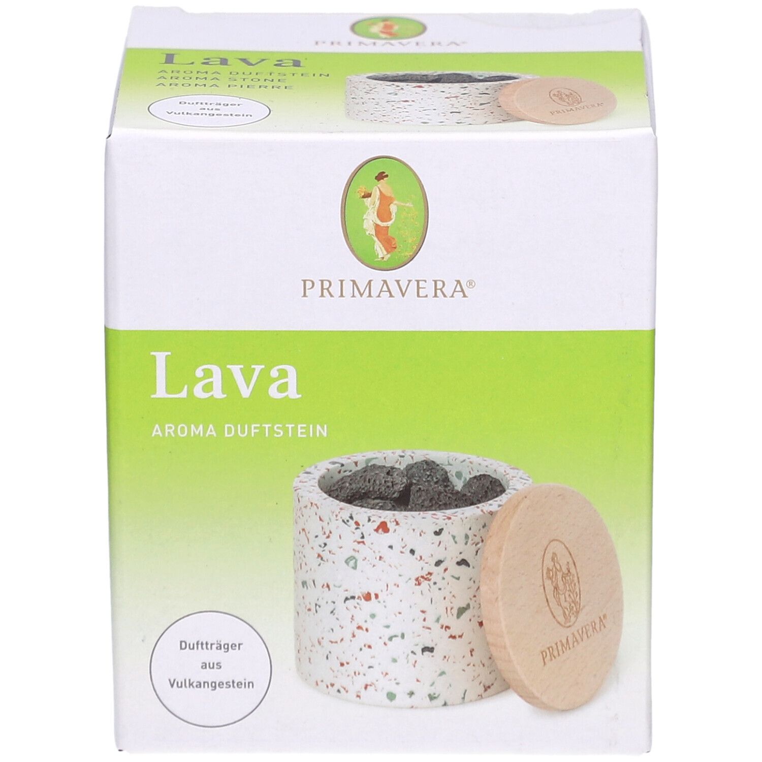 Boîte Primavera® Aroma Duftstein Lava. Récipient blanc avec pierres de lave et couvercle en bois. Logo et nom.