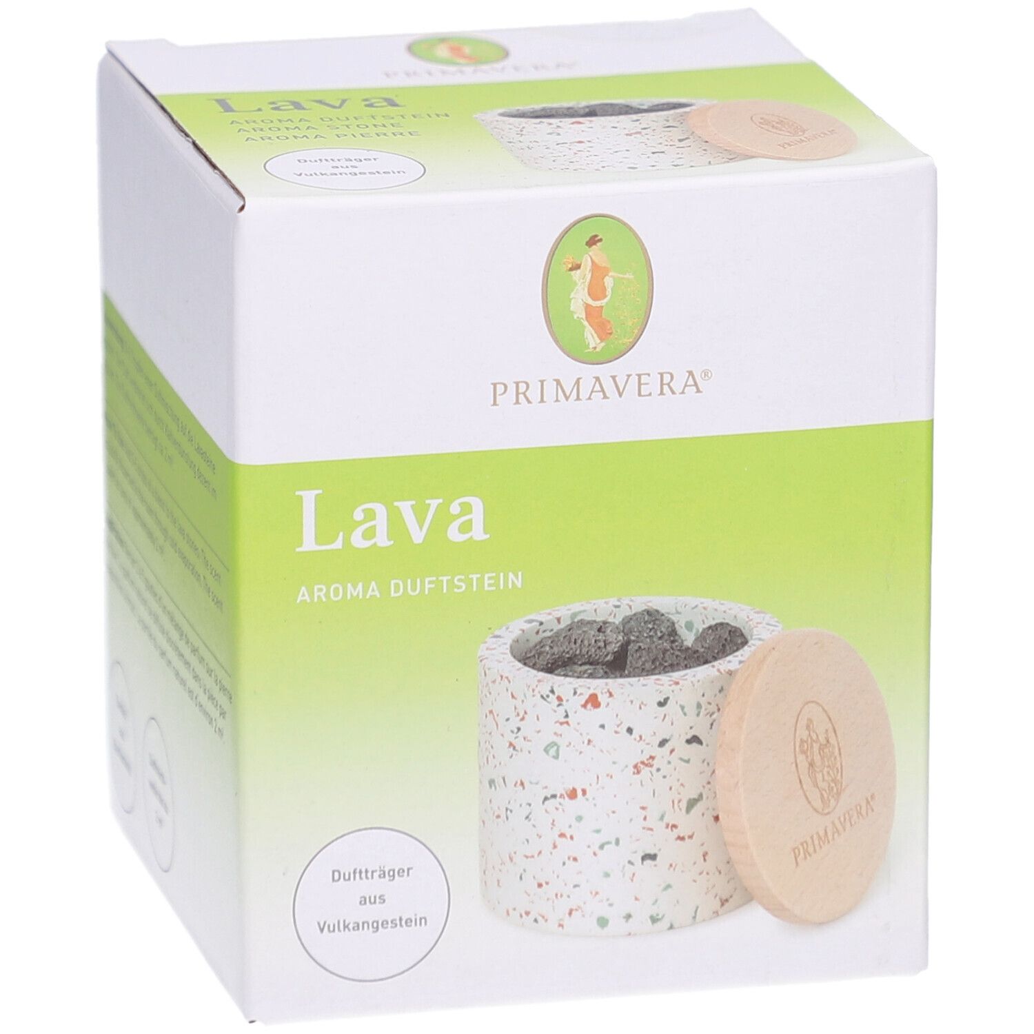 Boîte Primavera® Aroma Duftstein Lava. Récipient blanc avec pierres de lave et couvercle en bois. Logo et nom.