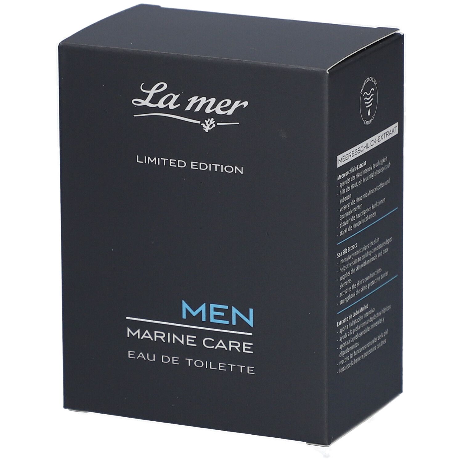 Boîte bleu foncé de La mer MEN Marine Care Eau de Toilette. Inscription : LIMITED EDITION, MEN, MARINE CARE, Eau de Toilette.