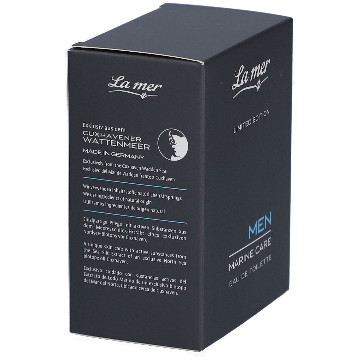 Boîte bleu foncé de La mer MEN Marine Care Eau de Toilette. Texte : Exclusif de la mer des Wadden de Cuxhaven, Fabriqué en Allemagne.