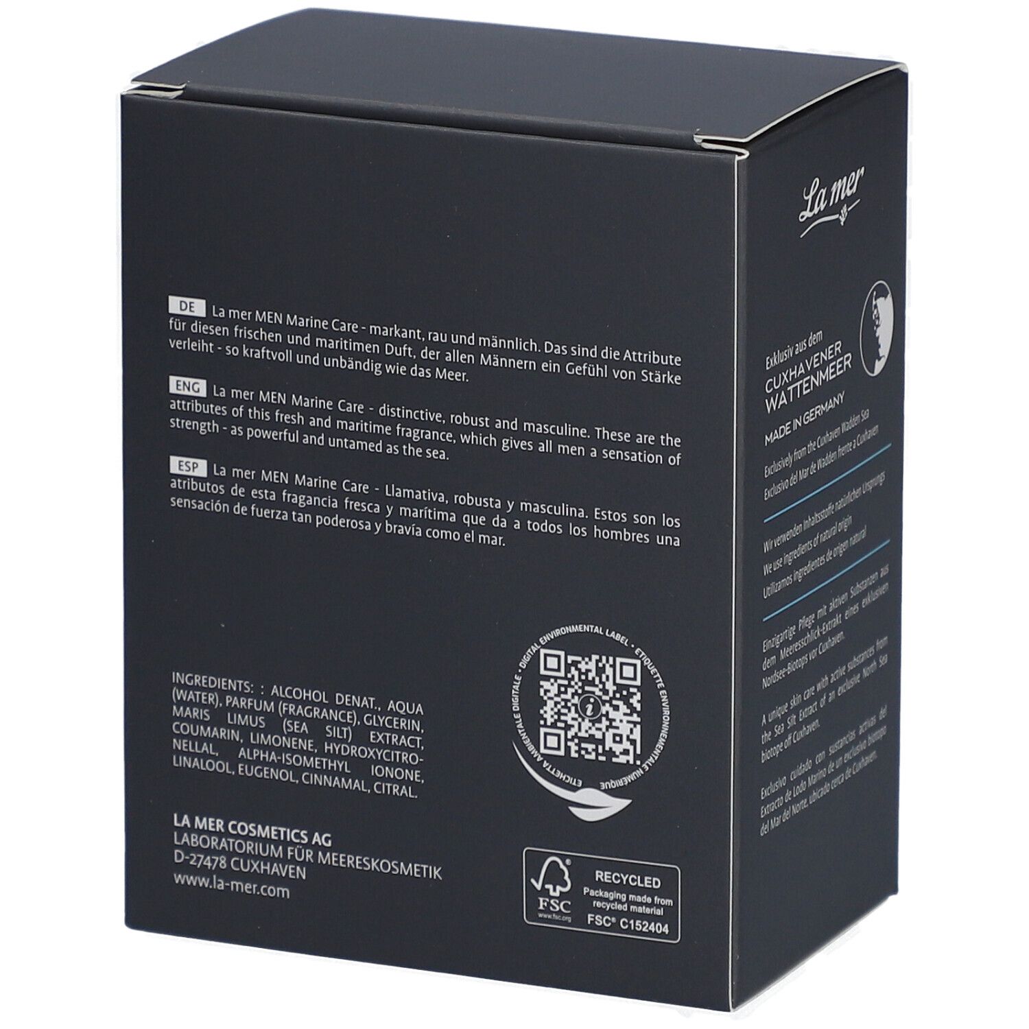 Boîte bleu foncé de La mer MEN Marine Care Eau de Toilette. Texte : Ingrédients, code QR, label FSC, symbole d'emballage recyclé.