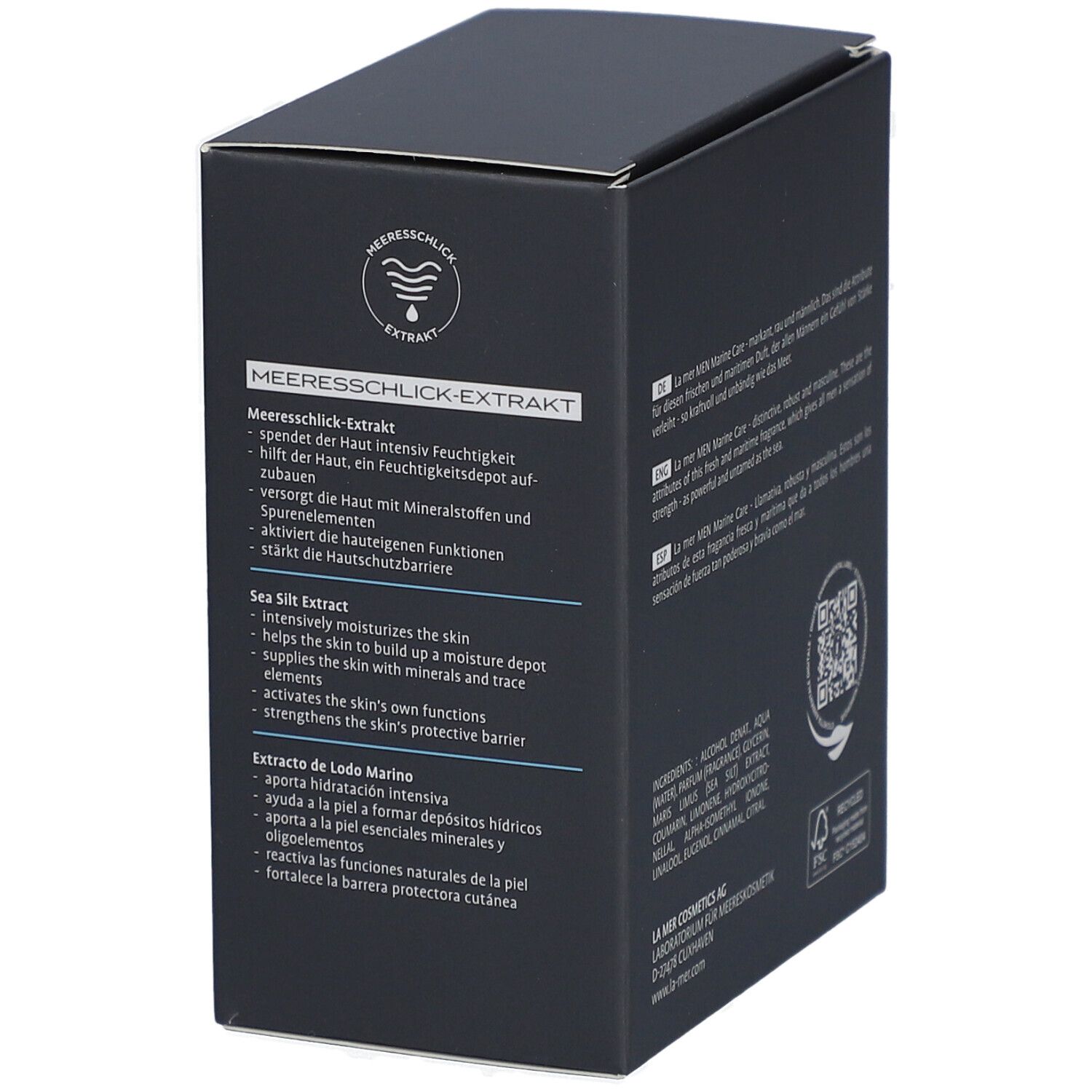 Boîte bleu foncé de La mer MEN Marine Care Eau de Toilette. Texte : Extrait de limon marin, Sea Silt Extract, Extrato de Lodo Marino.