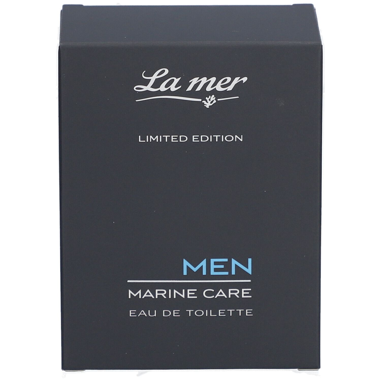 Boîte bleu foncé de La mer MEN Marine Care Eau de Toilette. Inscription : LIMITED EDITION, MEN, MARINE CARE, Eau de Toilette.
