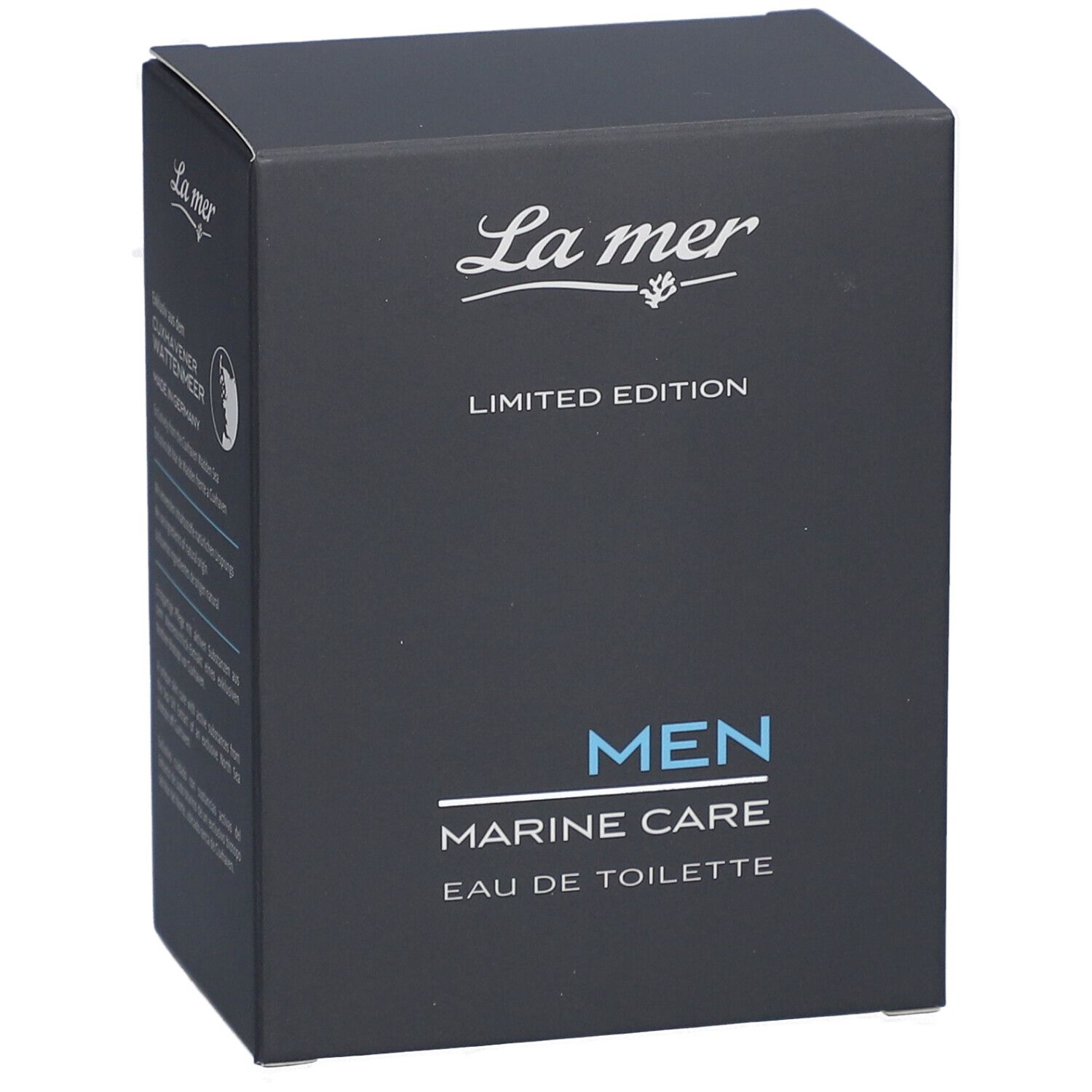 Boîte bleu foncé de La mer MEN Marine Care Eau de Toilette. Inscription : LIMITED EDITION, MEN, MARINE CARE, Eau de Toilette.