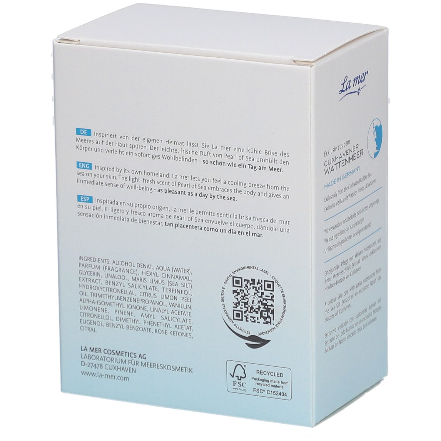 Boîte cosmétique blanche avec des accents bleus et des informations produit multilingues.