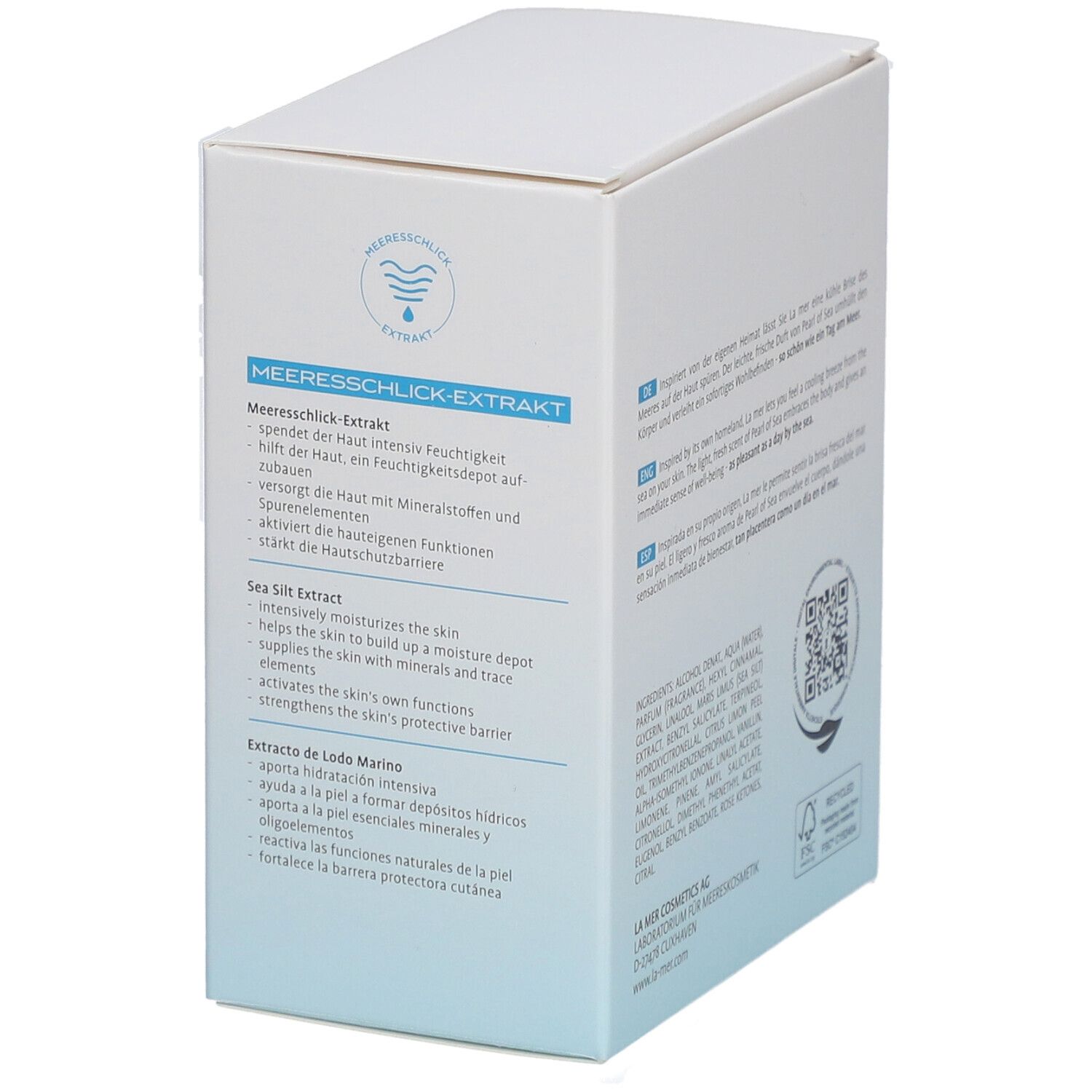 Boîte blanche avec texte bleu pour extrait de vase marin, avec des descriptions multilingues.