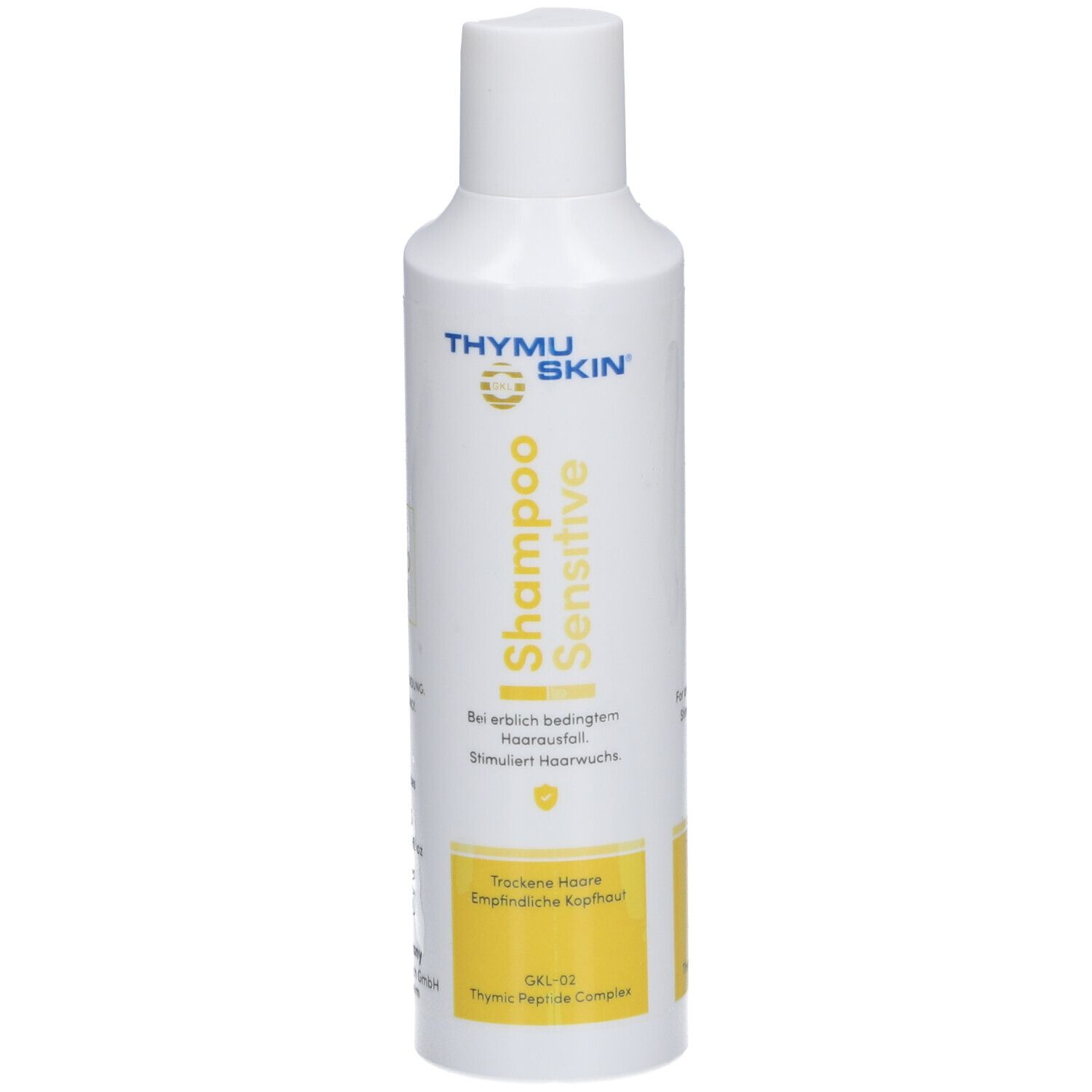 Flacon blanc avec accents jaunes. Inscription: THYMUSKIN® Shampoo Sensitive. Pour cheveux secs et cuirs chevelus sensibles.