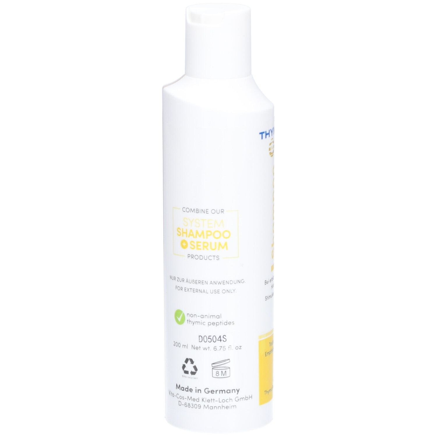 Flacon blanc avec accents jaunes. Inscription: THYMUSKIN®. Informations au dos. 200 ml, non animal, fabriqué en Allemagne.