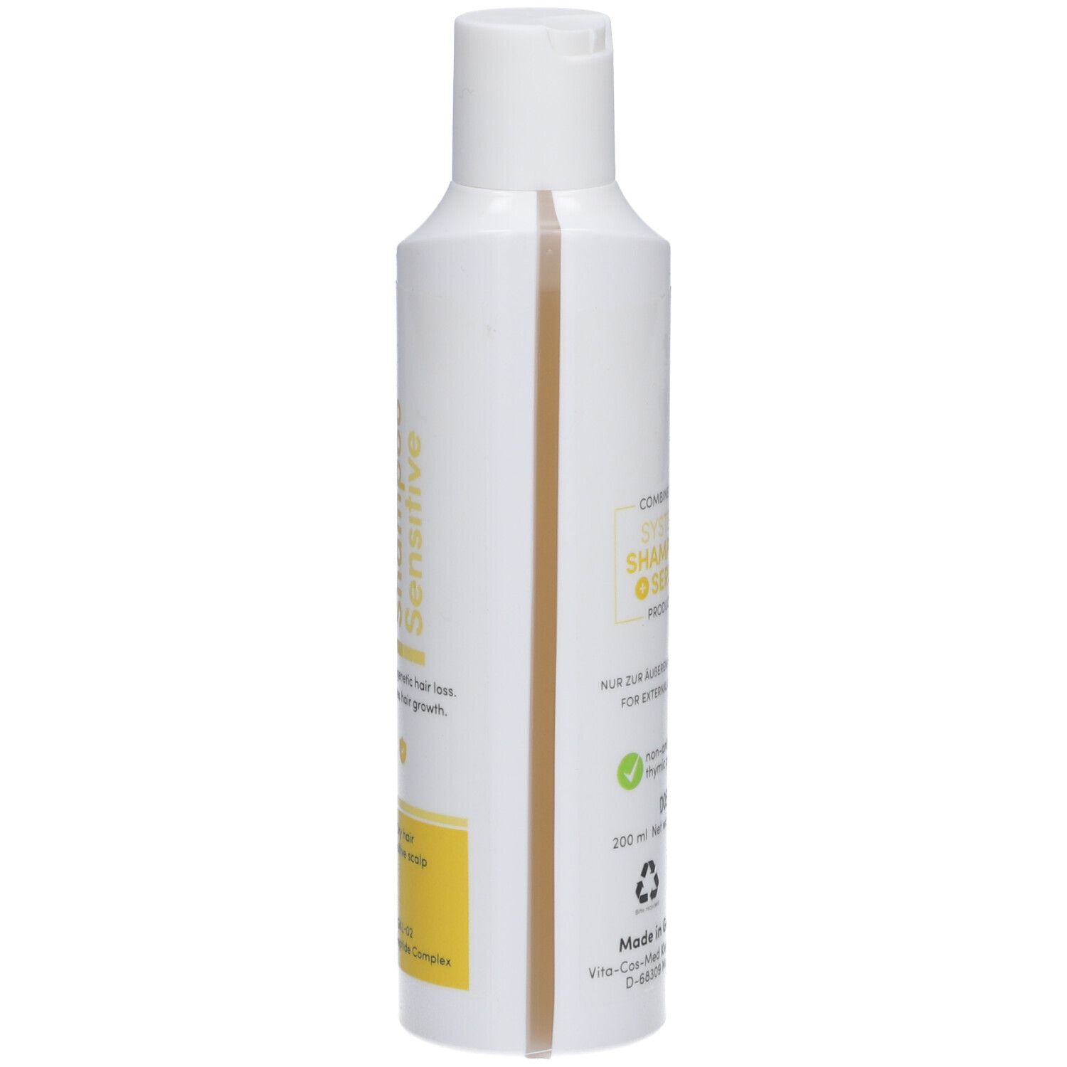 Flacon blanc avec accents jaunes. Inscription: THYMUSKIN® Shampoo Sensitive. Vue latérale avec informations produit.
