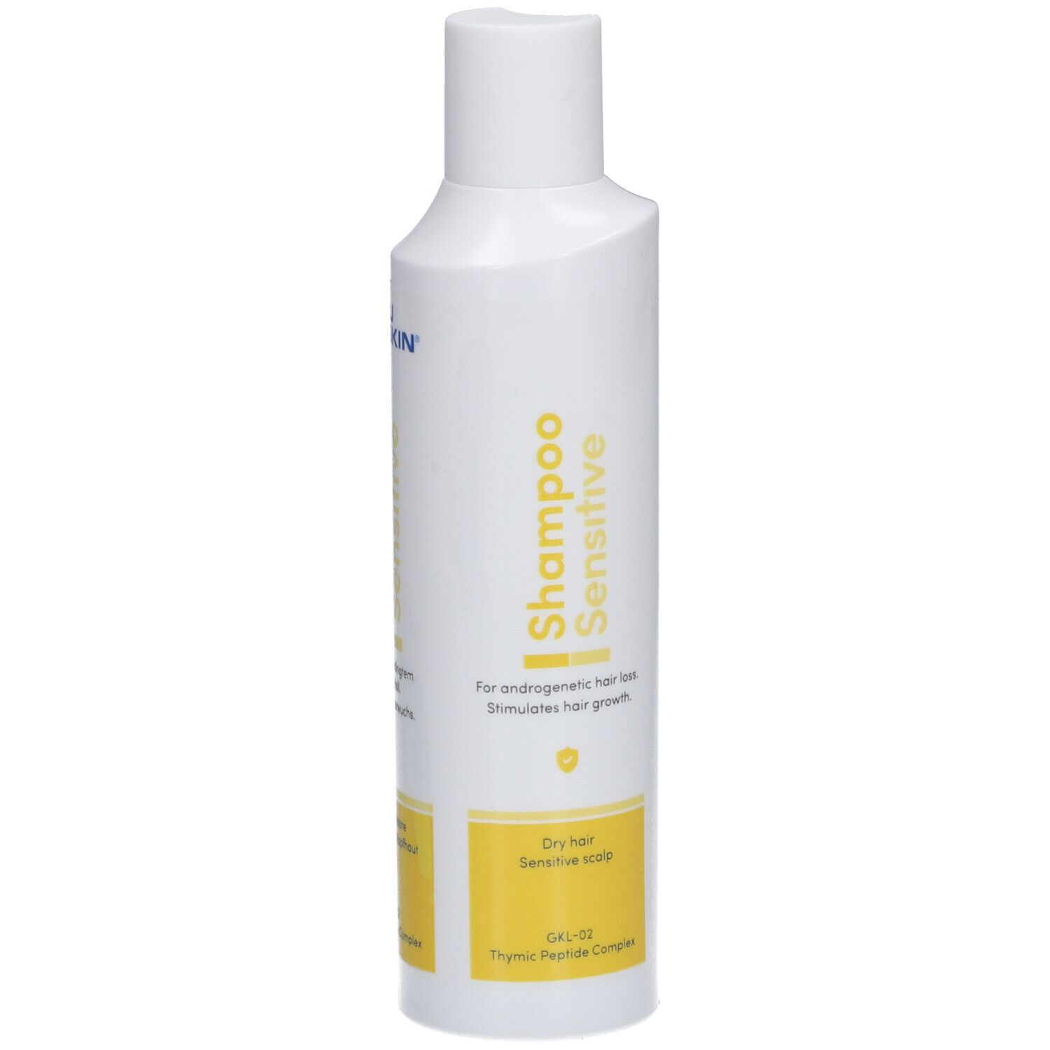 Flacon blanc avec accents jaunes. Inscription: THYMUSKIN® Shampoo Sensitive. Pour la perte de cheveux androgénétique.