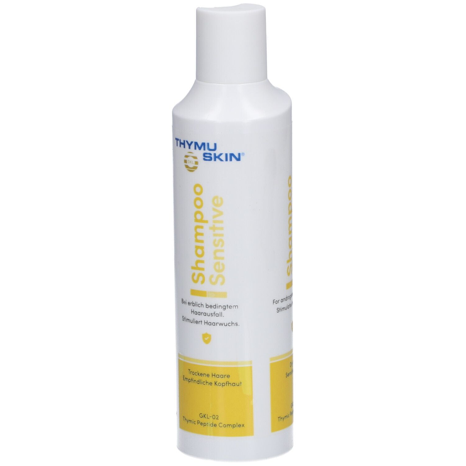 Flacon blanc avec accents jaunes. Inscription: THYMUSKIN® Shampoo Sensitive. Pour la perte de cheveux héréditaire.