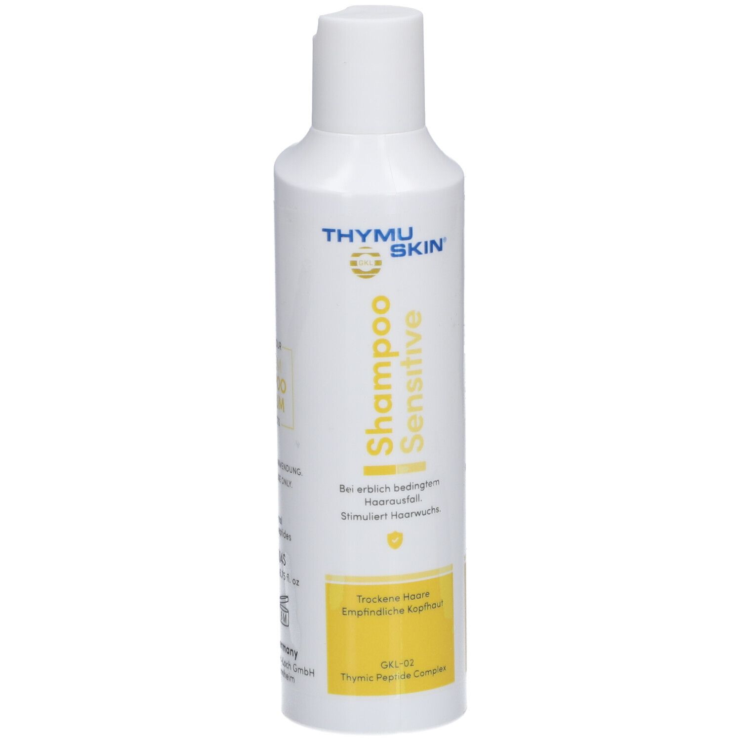 Flacon blanc avec accents jaunes. Inscription: THYMUSKIN® Shampoo Sensitive. Pour cheveux secs et cuirs chevelus sensibles.