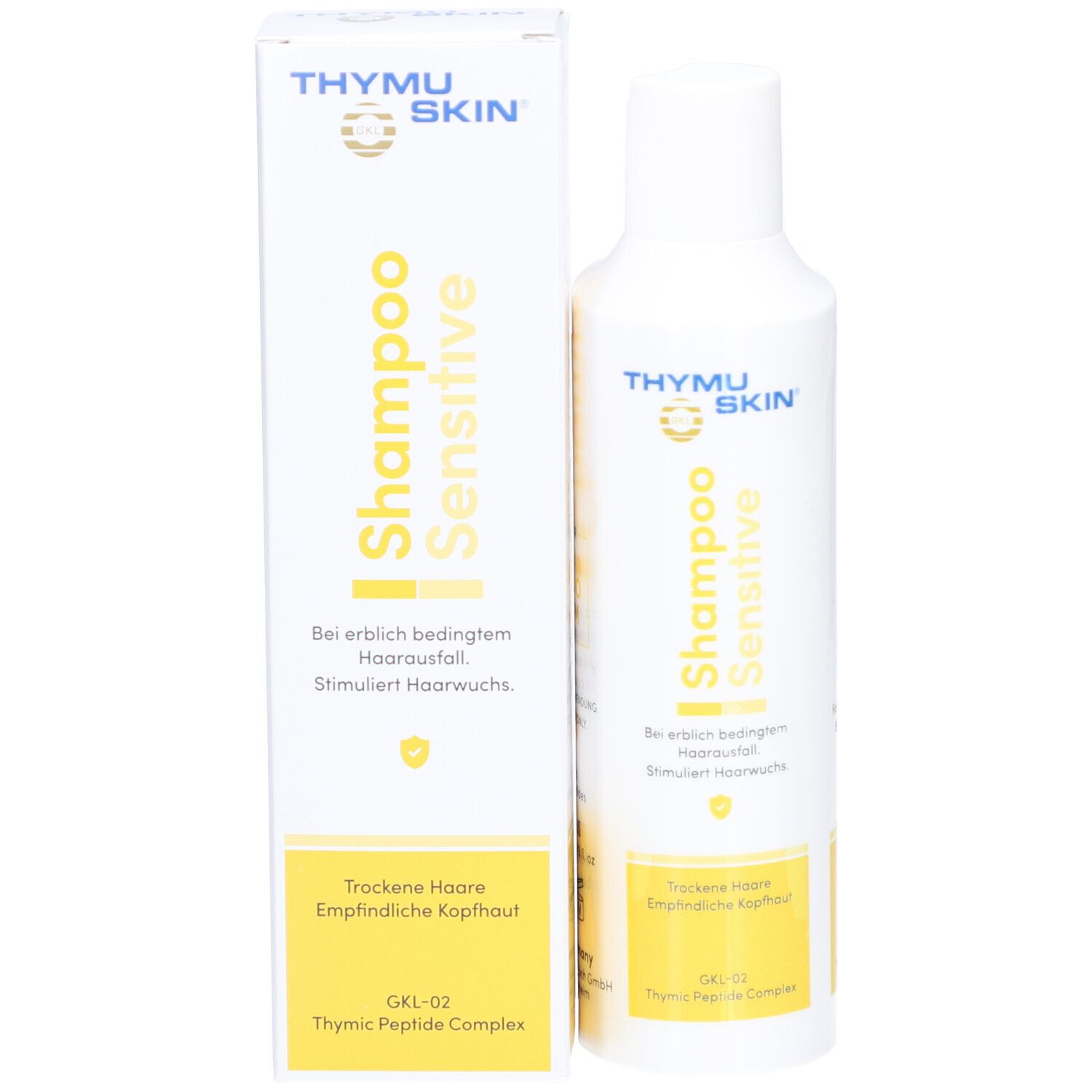 Flacon et emballage THYMUSKIN® Shampoo Sensitive. Blanc avec accents jaunes. Pour cheveux secs et cuirs chevelus sensibles.