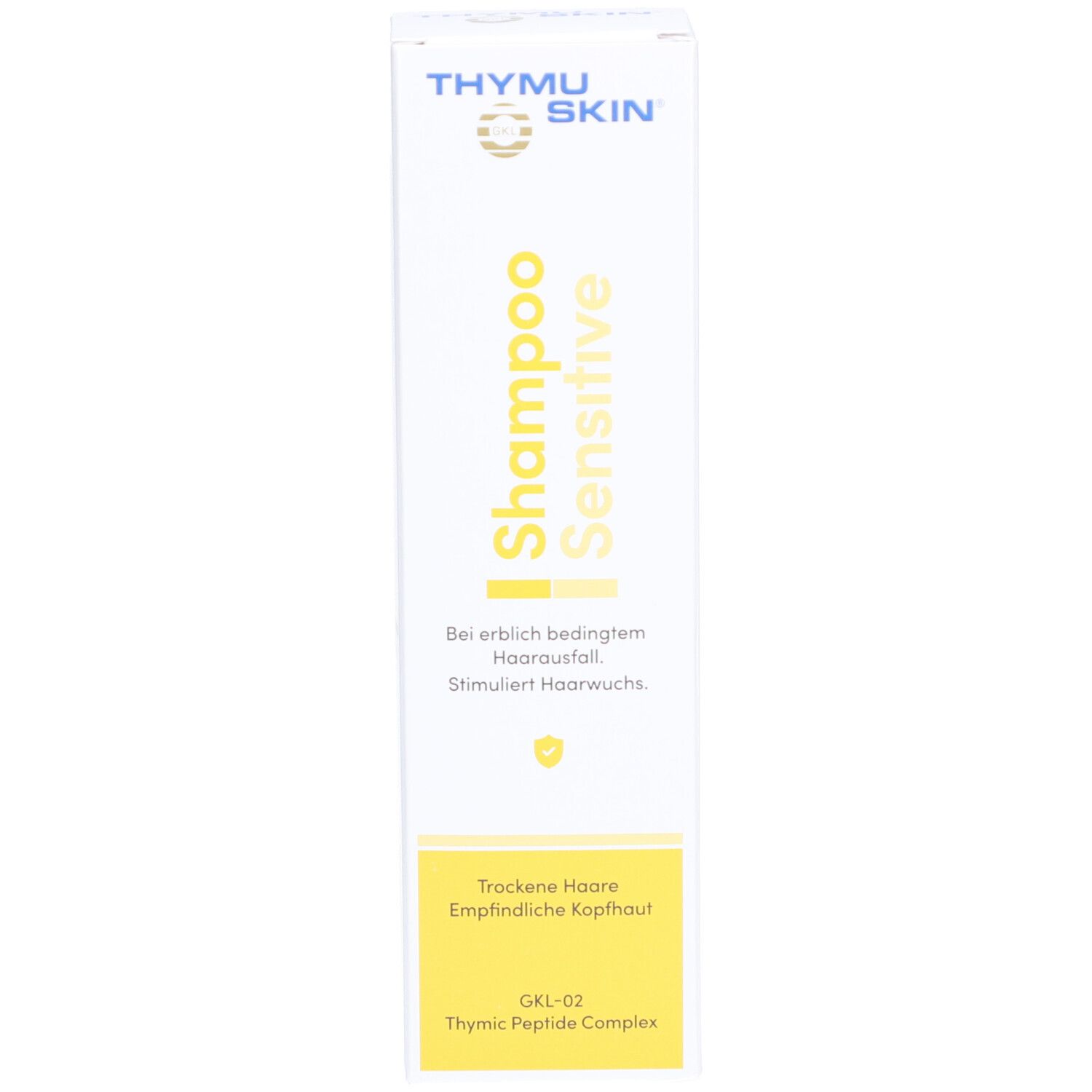 Emballage THYMUSKIN® Shampoo Sensitive. Blanc avec accents jaunes. Pour cheveux secs et cuirs chevelus sensibles.
