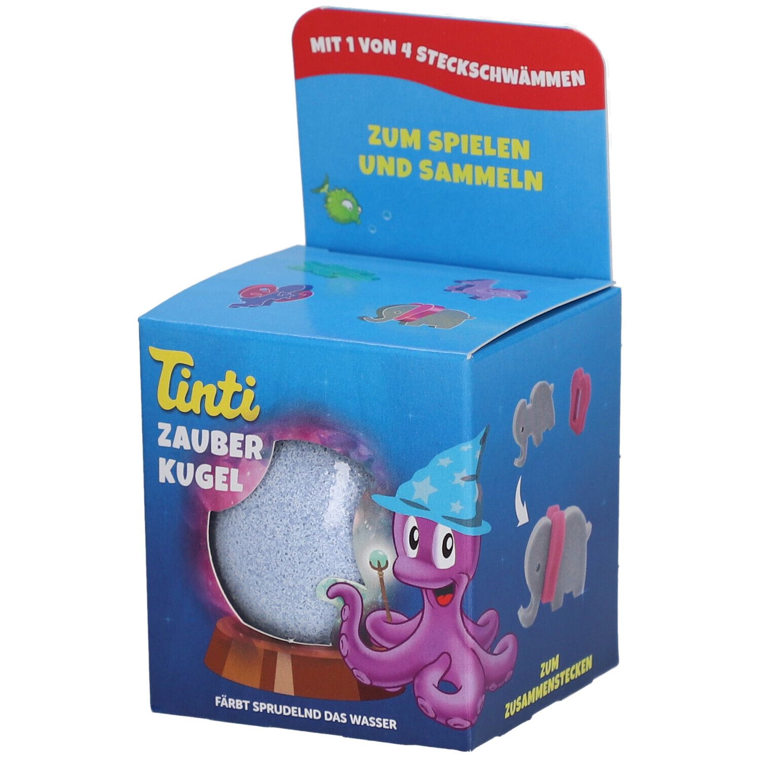 Produit bleu et blanc en boîte cubique. Impression : Tinti Zauber Kugel, poulpe avec chapeau. Avec 4 éponges.
