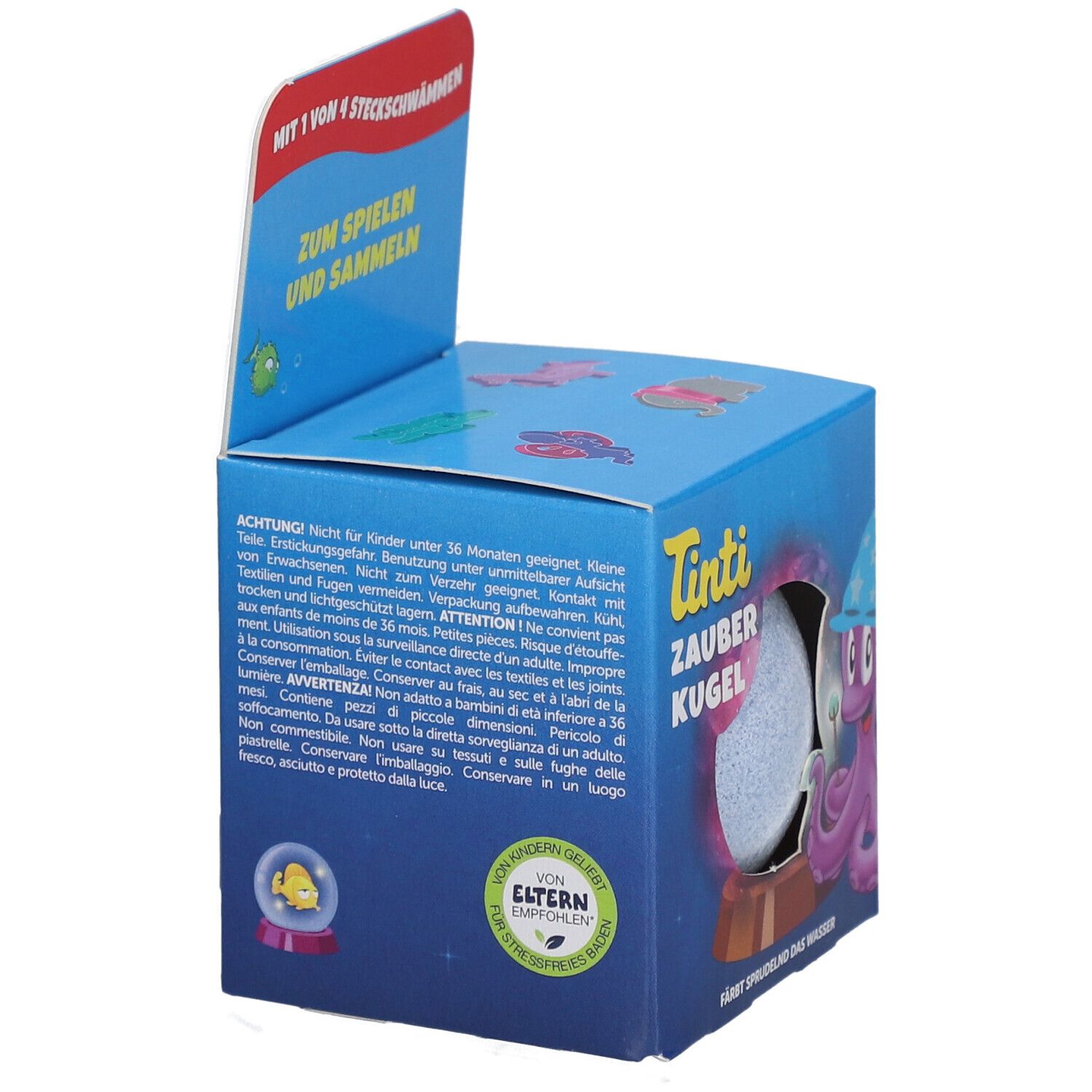 Produit en boîte cubique. Impression : Tinti Zauber Kugel, poulpe. Texte : Ne convient pas aux enfants de moins de 36 mois.