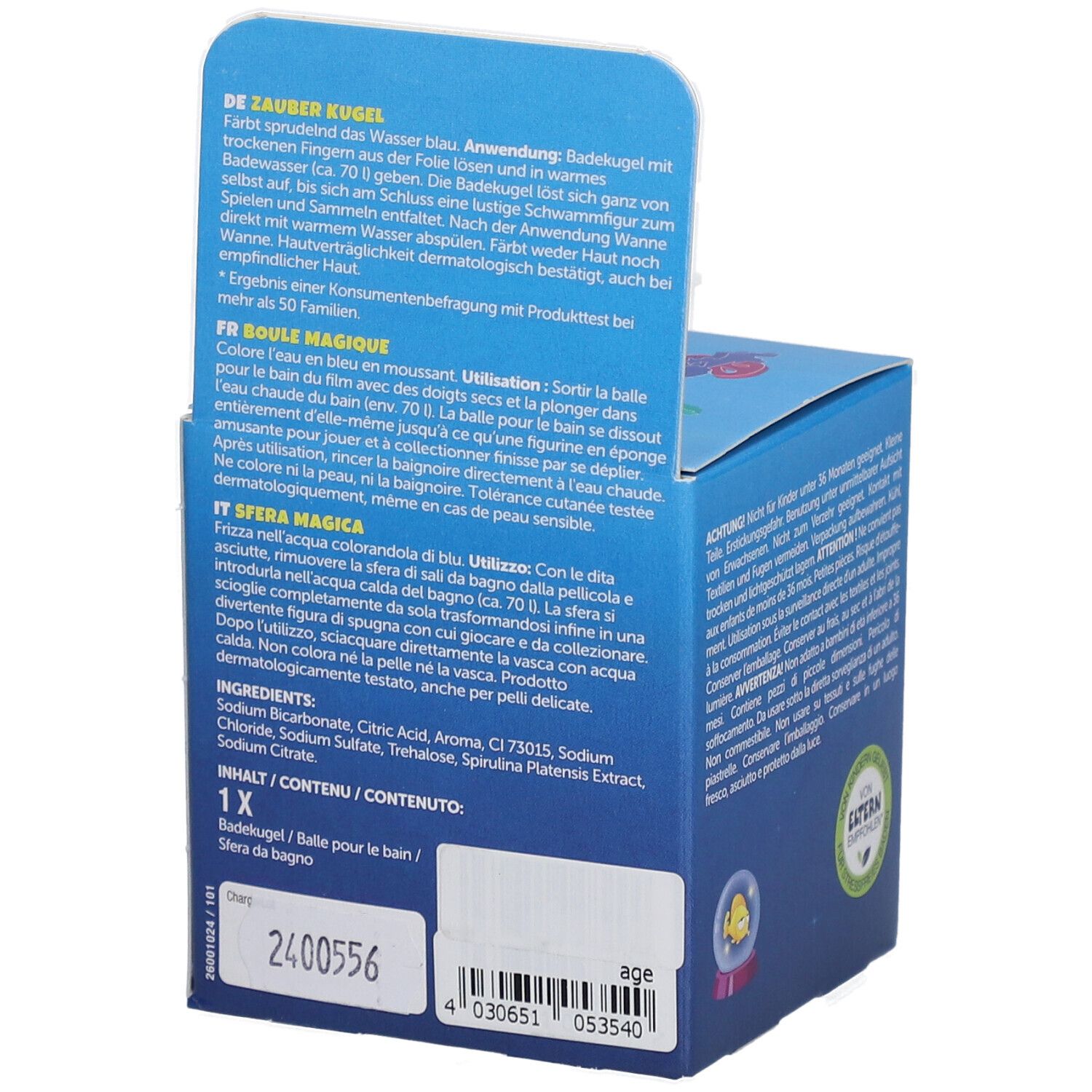 Emballage avec informations sur le produit. Texte en allemand, français et italien. Ingrédients et informations du fabricant.