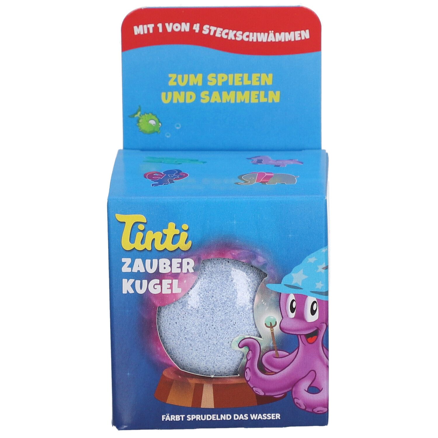 Produit bleu et blanc en boîte cubique. Impression : Tinti Zauber Kugel, poulpe avec chapeau. Avec 4 éponges.
