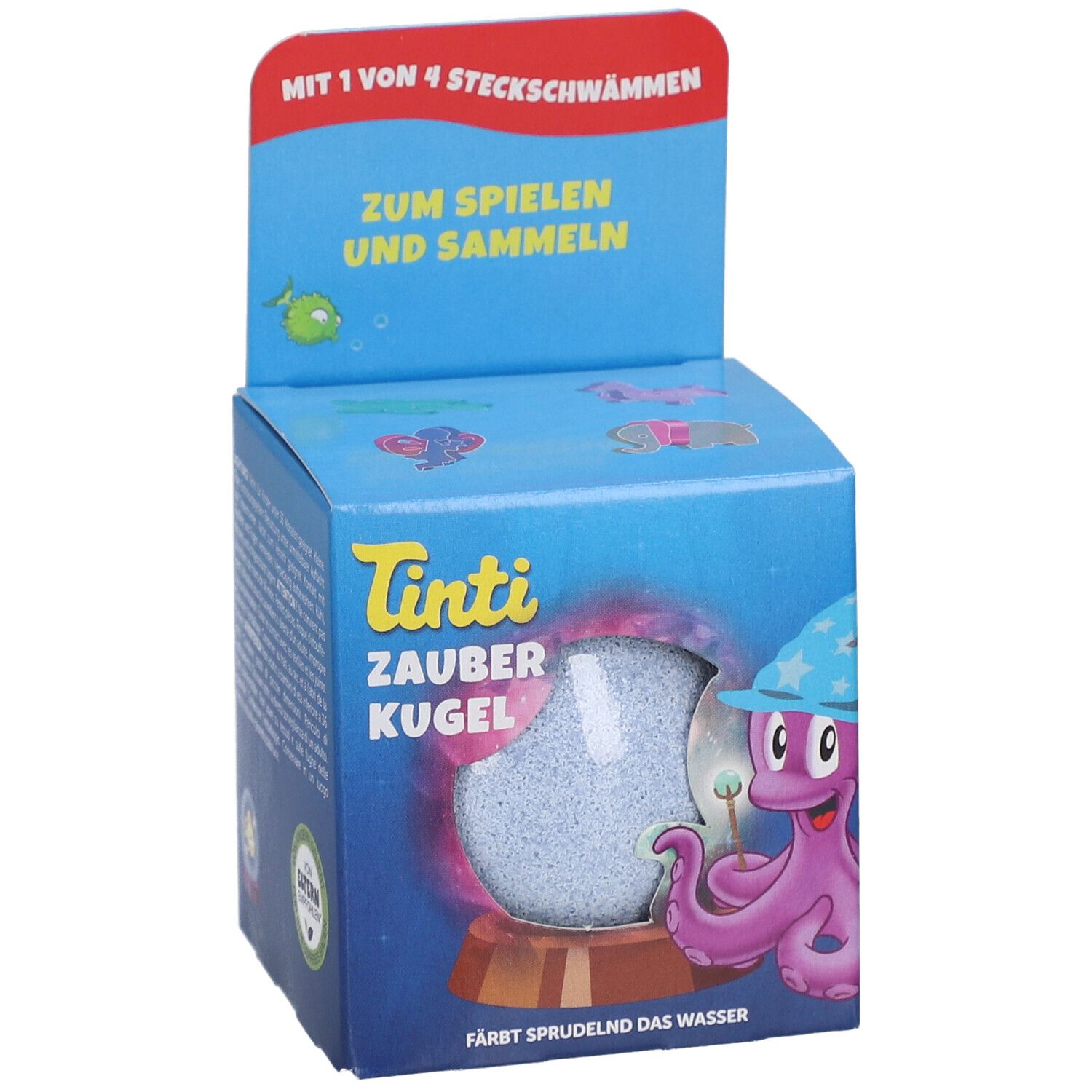 Produit bleu et blanc en boîte cubique. Impression : Tinti Zauber Kugel, poulpe avec chapeau. Avec 4 éponges.