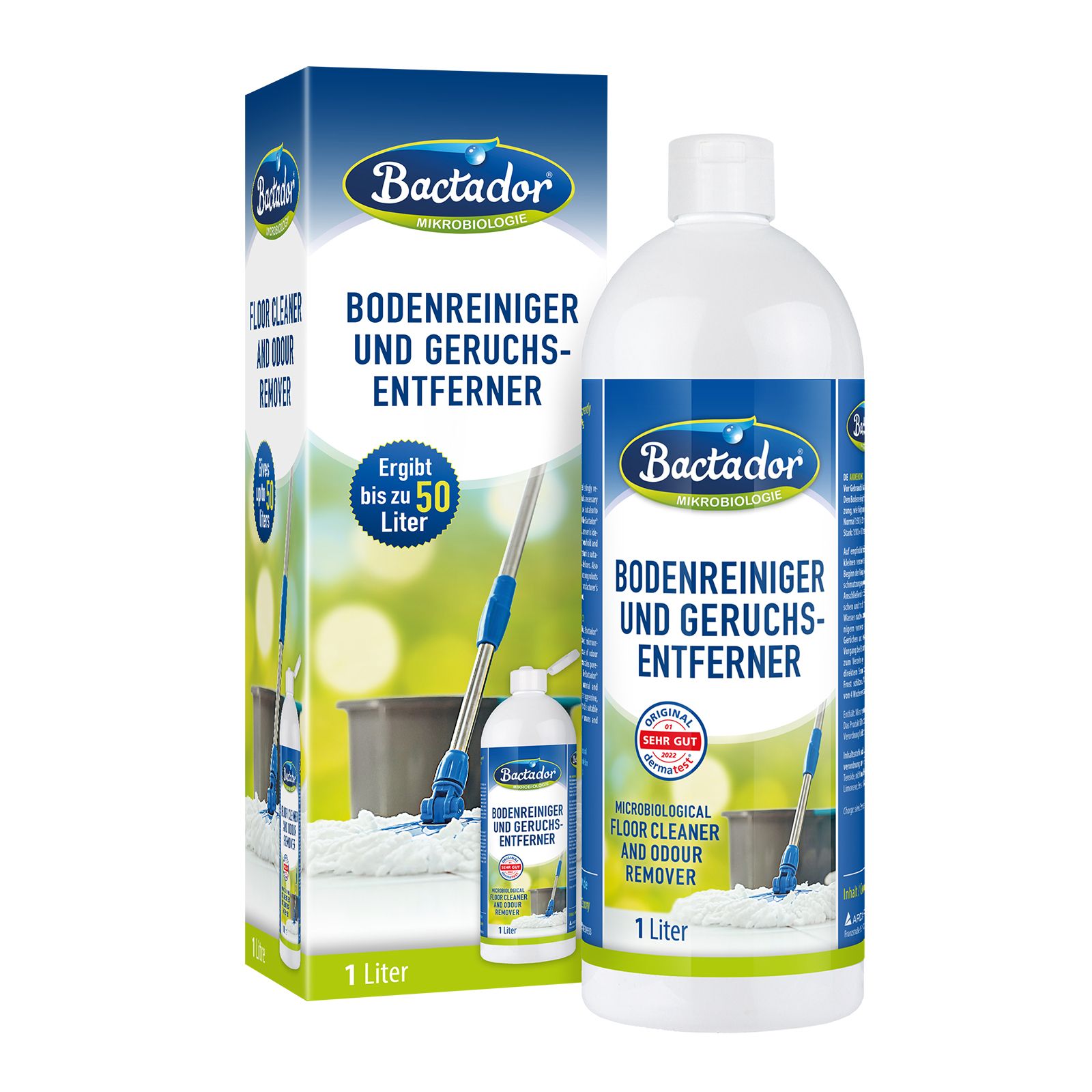 Bactador nettoyant pour sols et désodorisant. Bouteille et emballage. 1 litre.