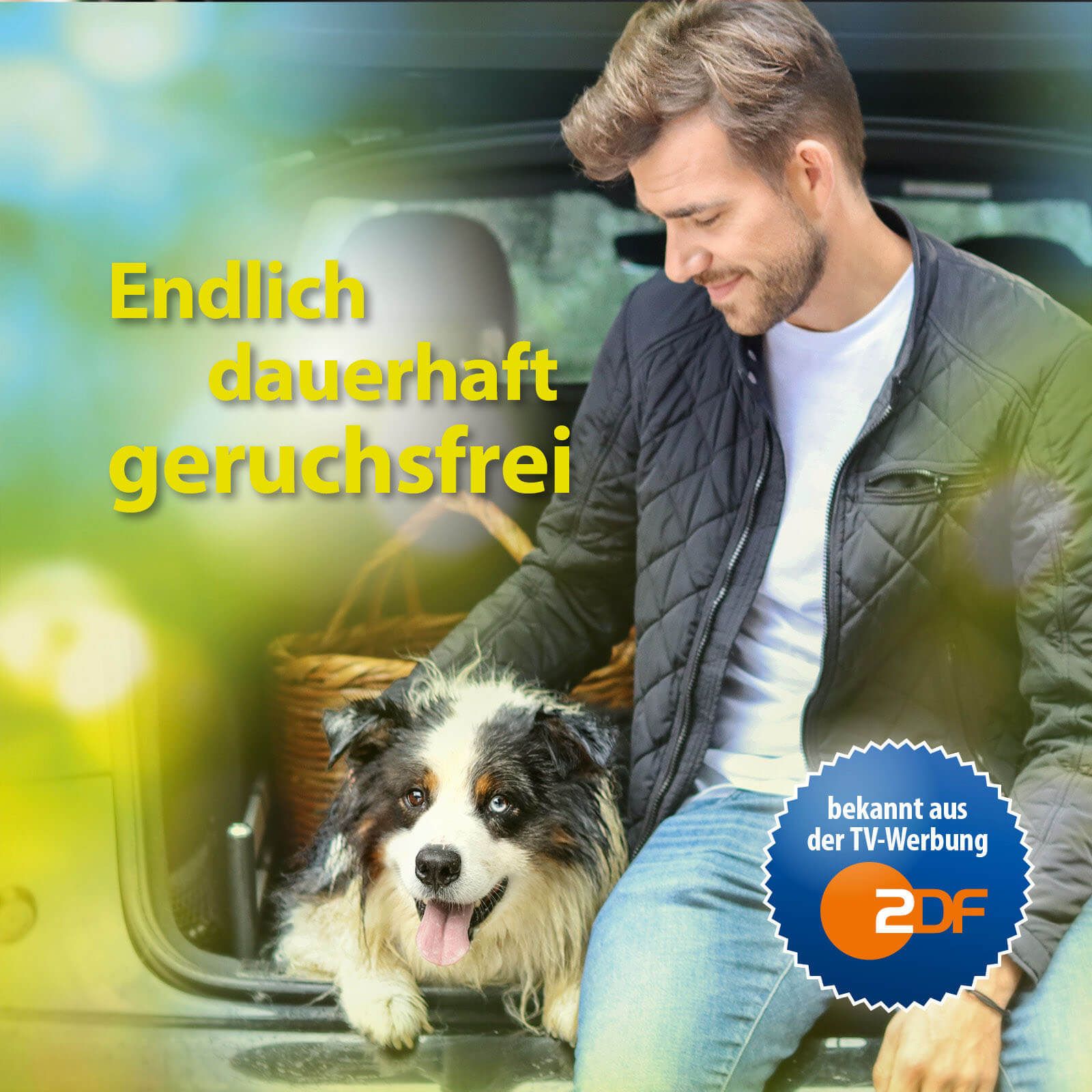 Homme et chien dans une voiture. Texte : Enfin sans odeur durablement. Logo ZDF.