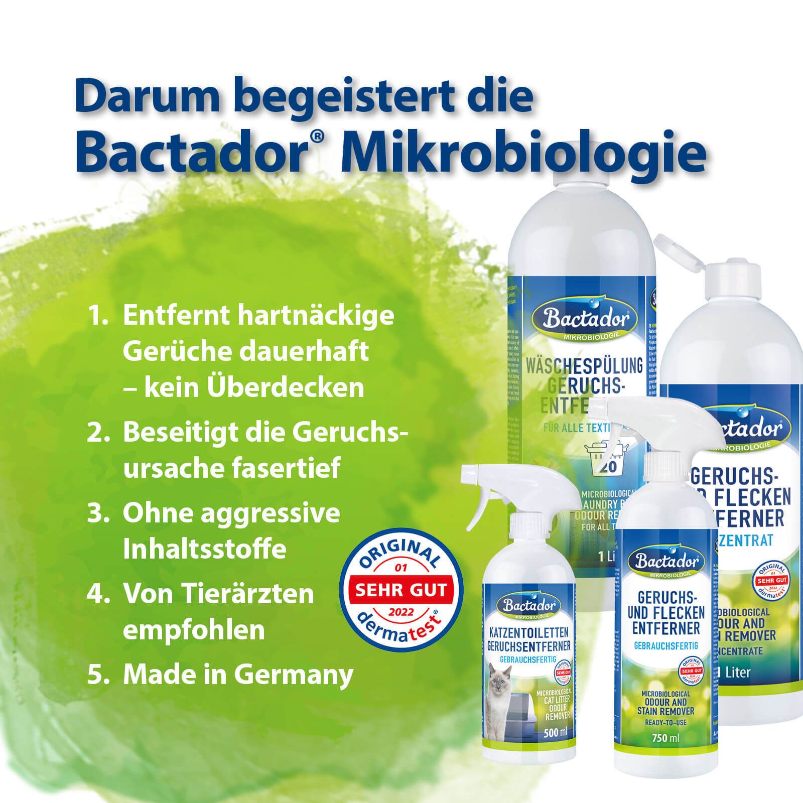 Produits Bactador. Texte : Élimine les odeurs, élimine la cause, sans ingrédients agressifs.