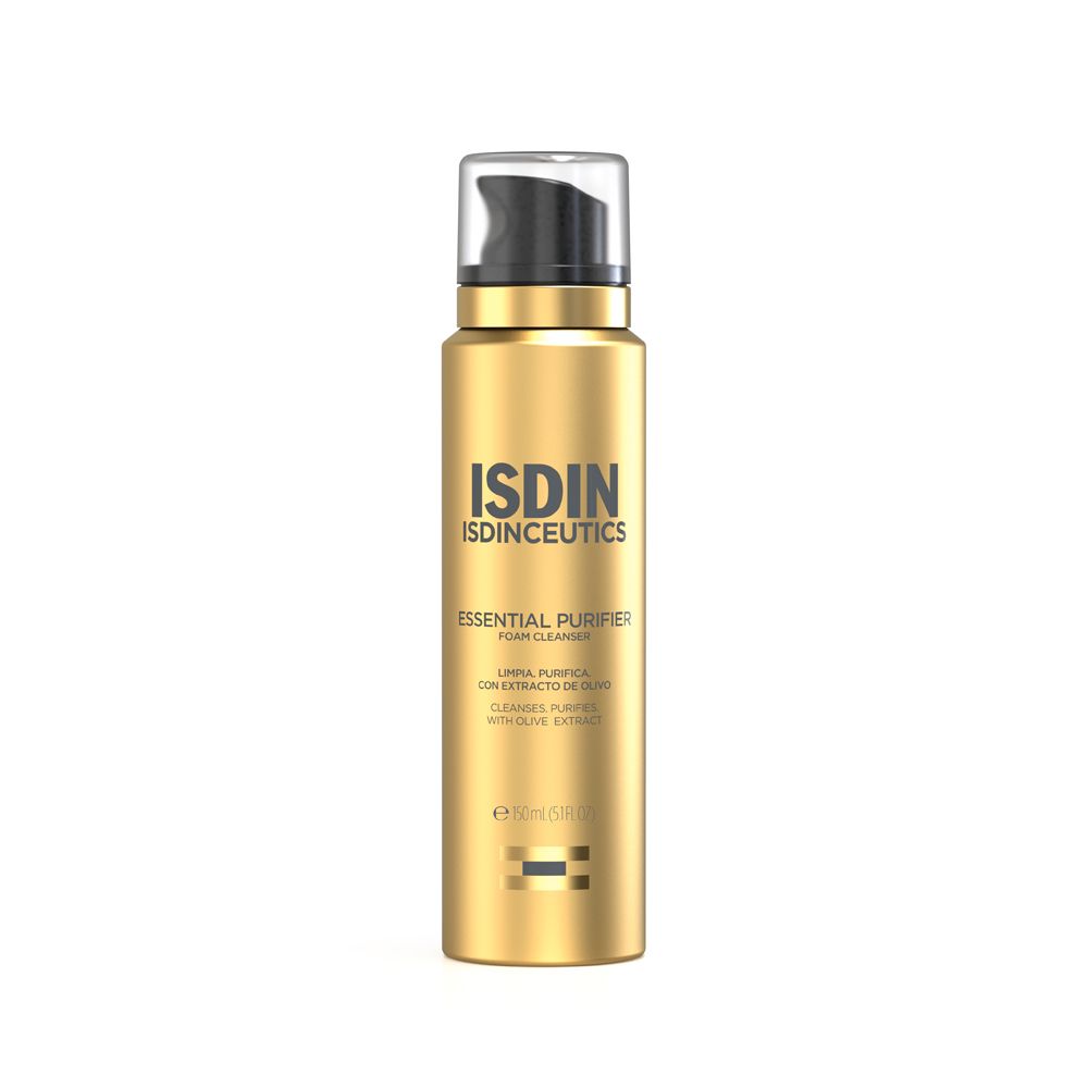 Flacon doré avec pompe noire. Inscription : ISDIN, ISDINCEUTICS, ESSENTIAL PURIFIER, Foam Cleanser.