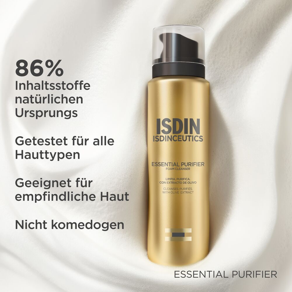 Flacon doré. Texte : 86% d'ingrédients d'origine naturelle. Testé pour tous types de peau. Non comédogène.
