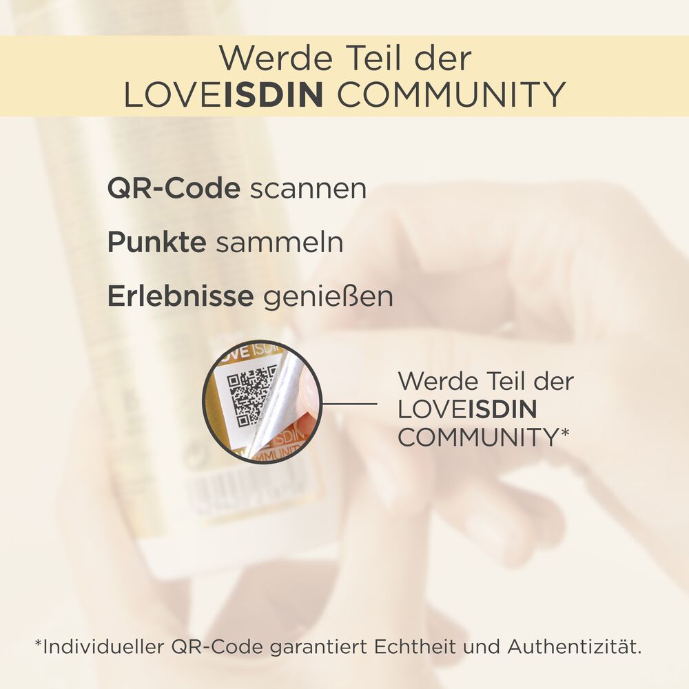 Code QR sur flacon. Texte : Rejoignez la communauté LOVEISDIN. Scanner le code QR. Cumuler des points. Profiter.
