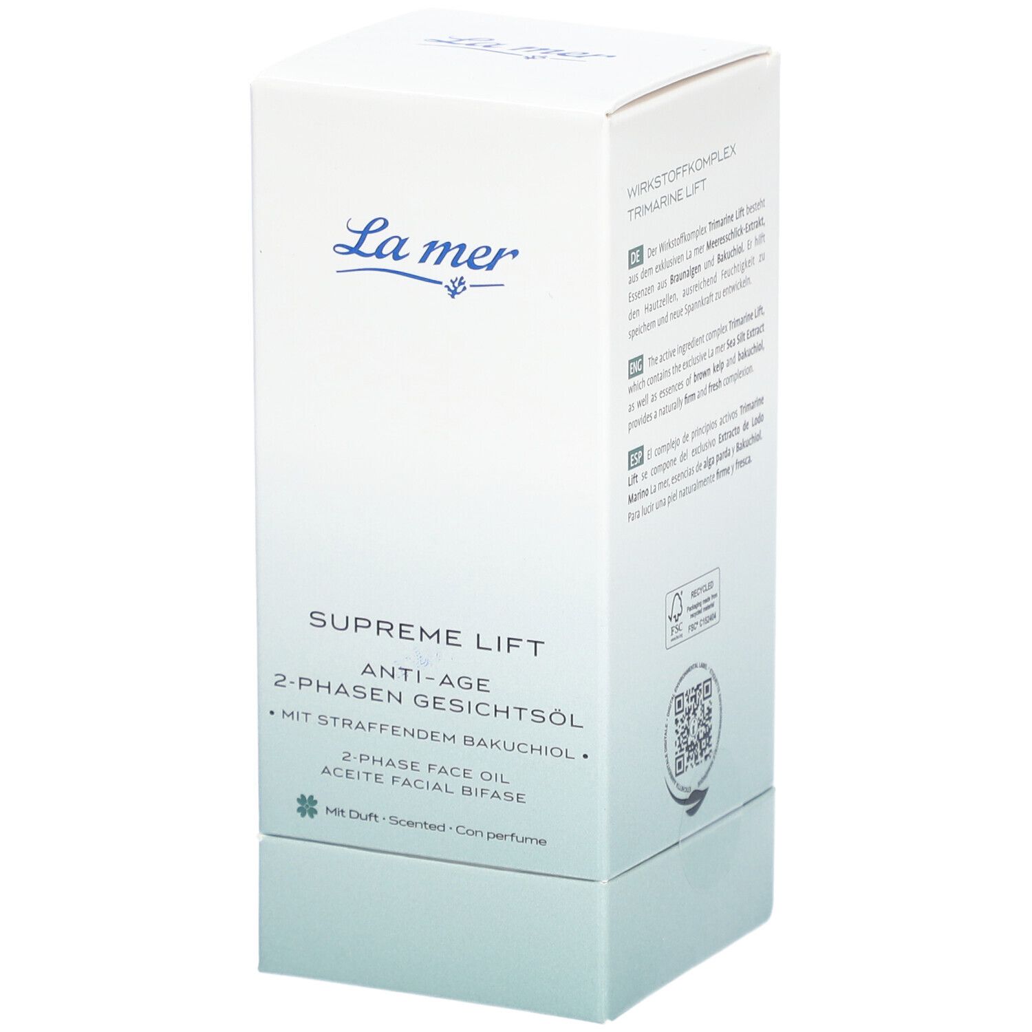 Emballage blanc avec informations produit. Logo La Mer, nom du produit Supreme Lift Anti-Age 2-Phasen Gesichtsöl.
