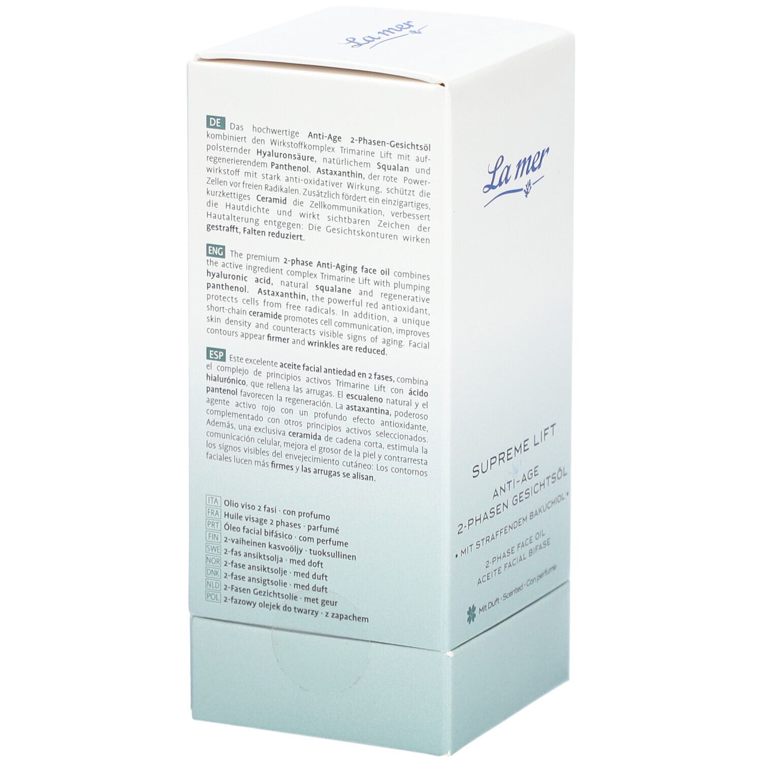 Emballage blanc avec texte. Informations produit, logo La Mer, Supreme Lift Anti-Age 2-Phasen Gesichtsöl.