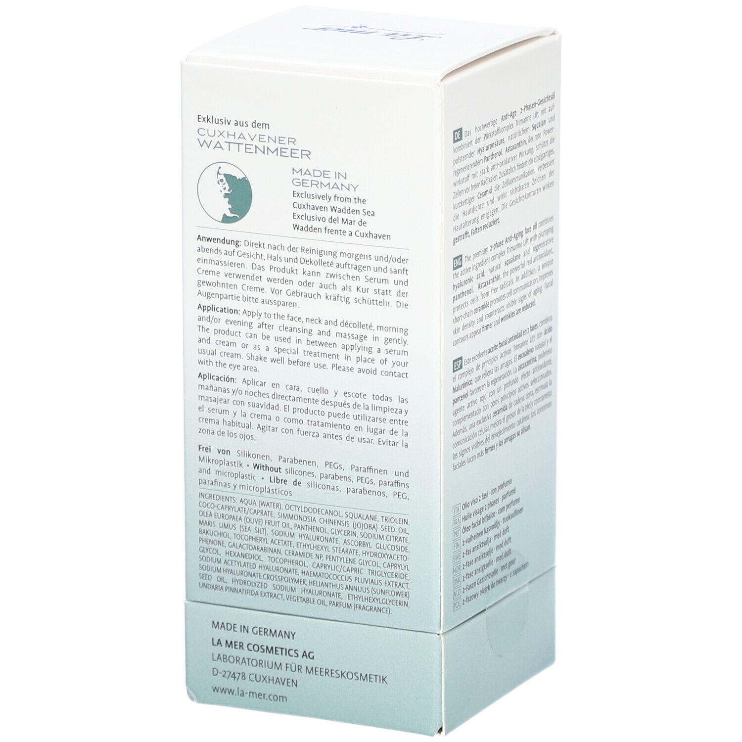 Emballage blanc avec texte. Informations produit, logo La Mer, Supreme Lift Anti-Age 2-Phasen Gesichtsöl.