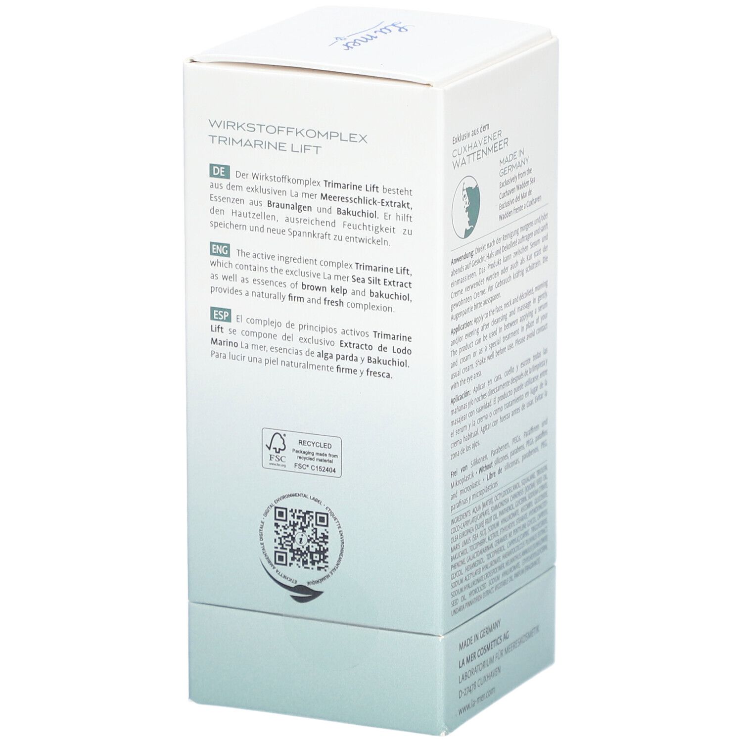 Emballage blanc avec texte. Informations produit, logo La Mer, Supreme Lift Anti-Age 2-Phasen Gesichtsöl.