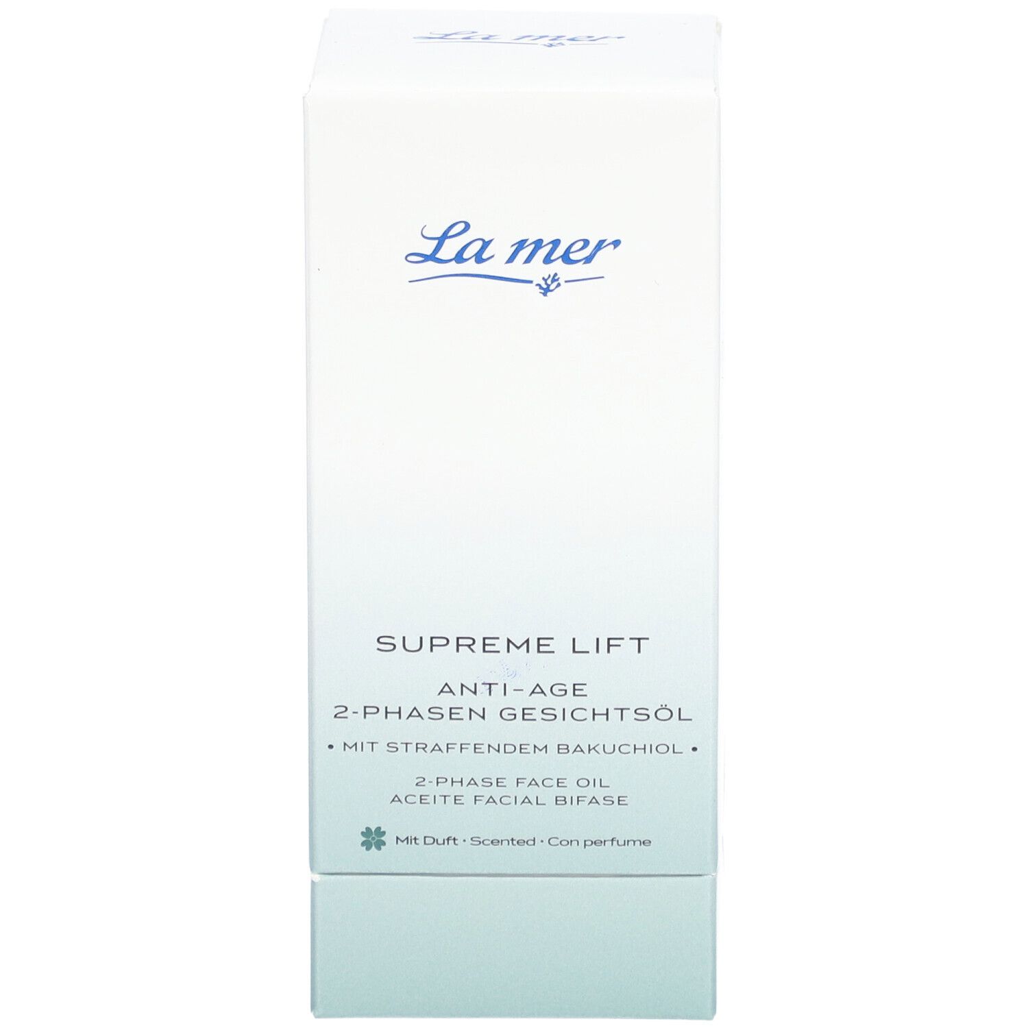 Emballage blanc avec informations produit. Logo La Mer, nom du produit Supreme Lift Anti-Age 2-Phasen Gesichtsöl.