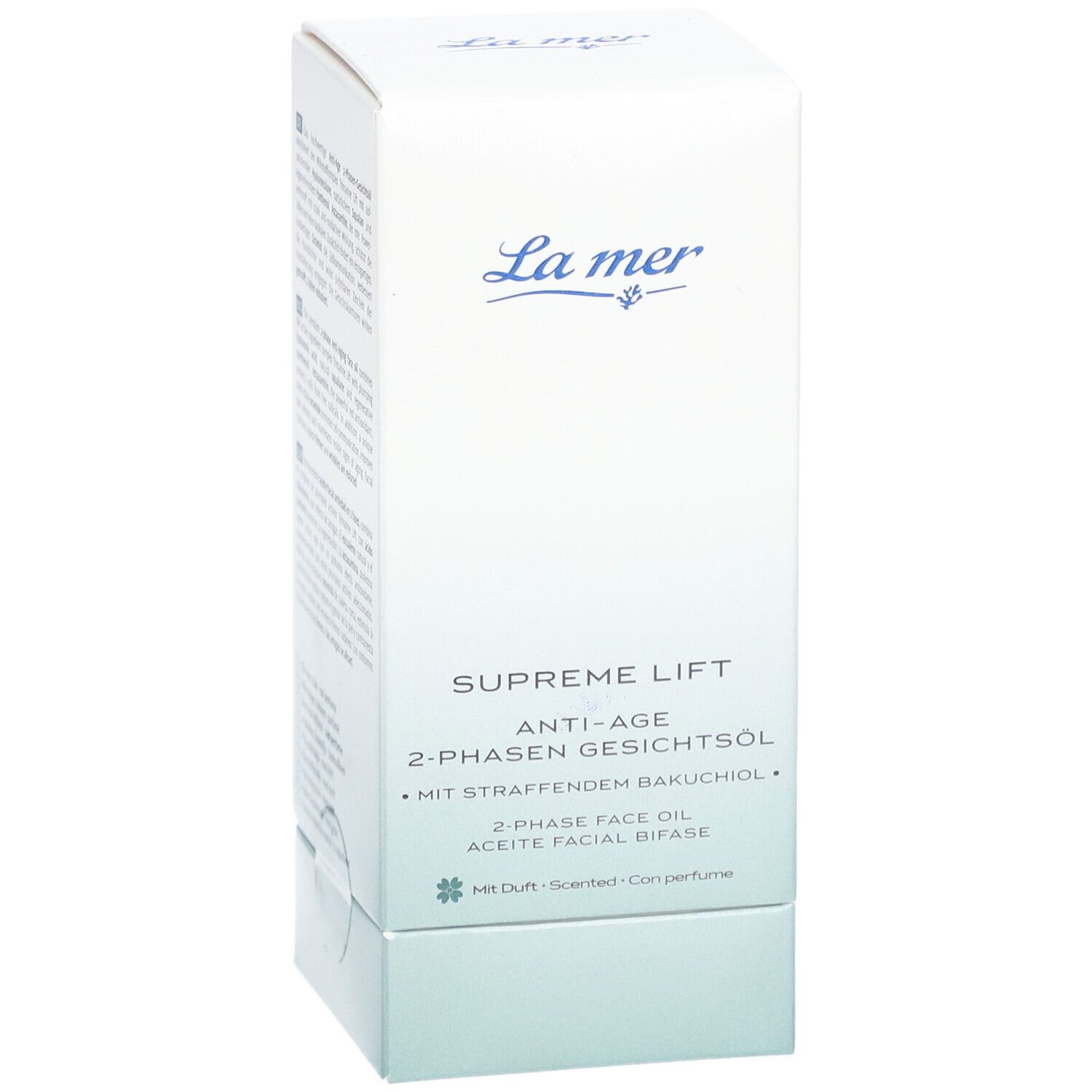 Emballage blanc avec informations produit. Logo La Mer, nom du produit Supreme Lift Anti-Age 2-Phasen Gesichtsöl.