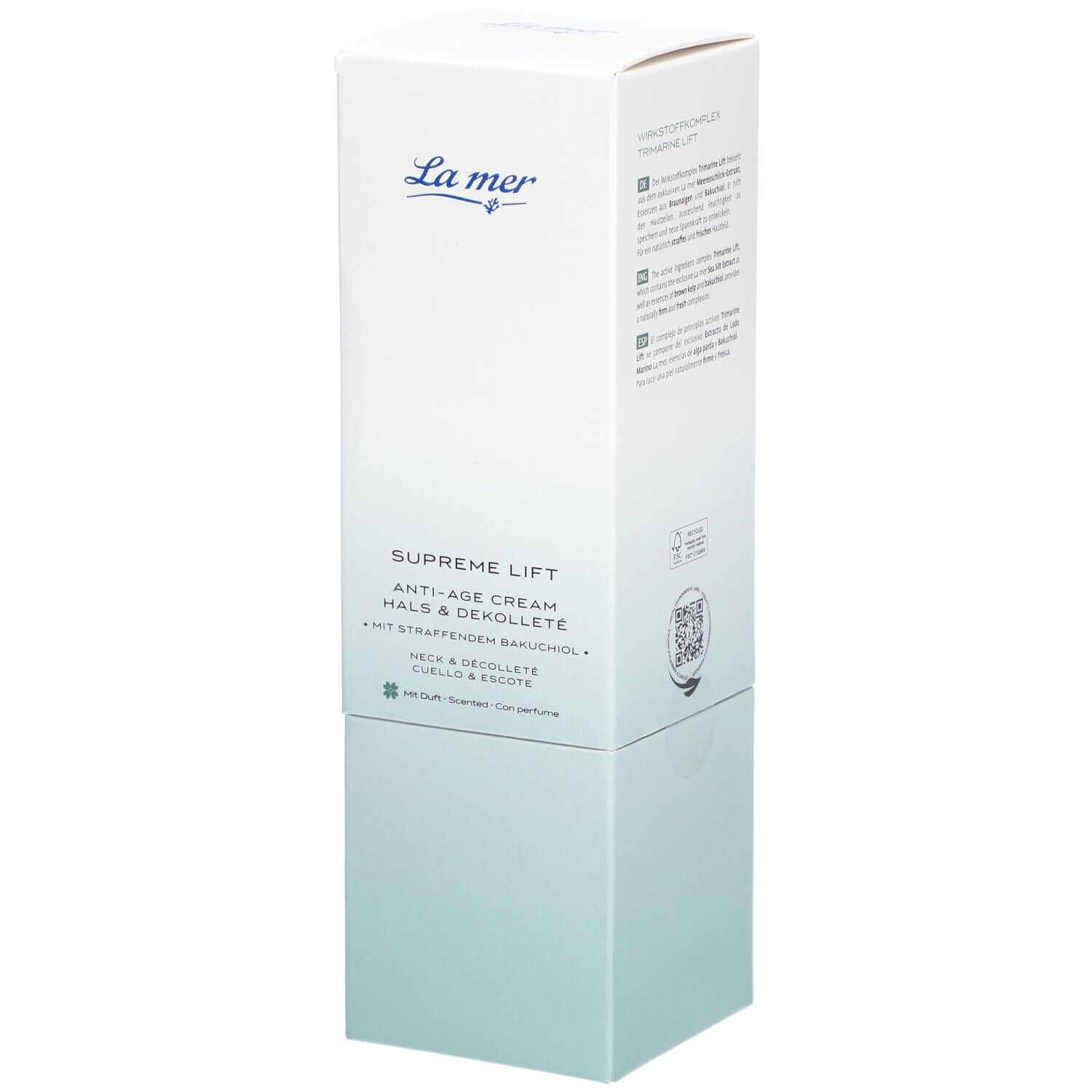 Emballage blanc La Mer Supreme Lift Anti-Age Cream Hals & Dekolleté. Logo et nom du produit. Dégradés de bleu et de vert.