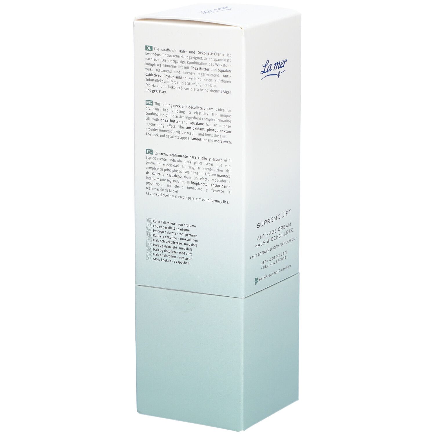 Dos de l'emballage La Mer Supreme Lift Anti-Age Cream. Texte multilingue. Logo La Mer en haut à droite.