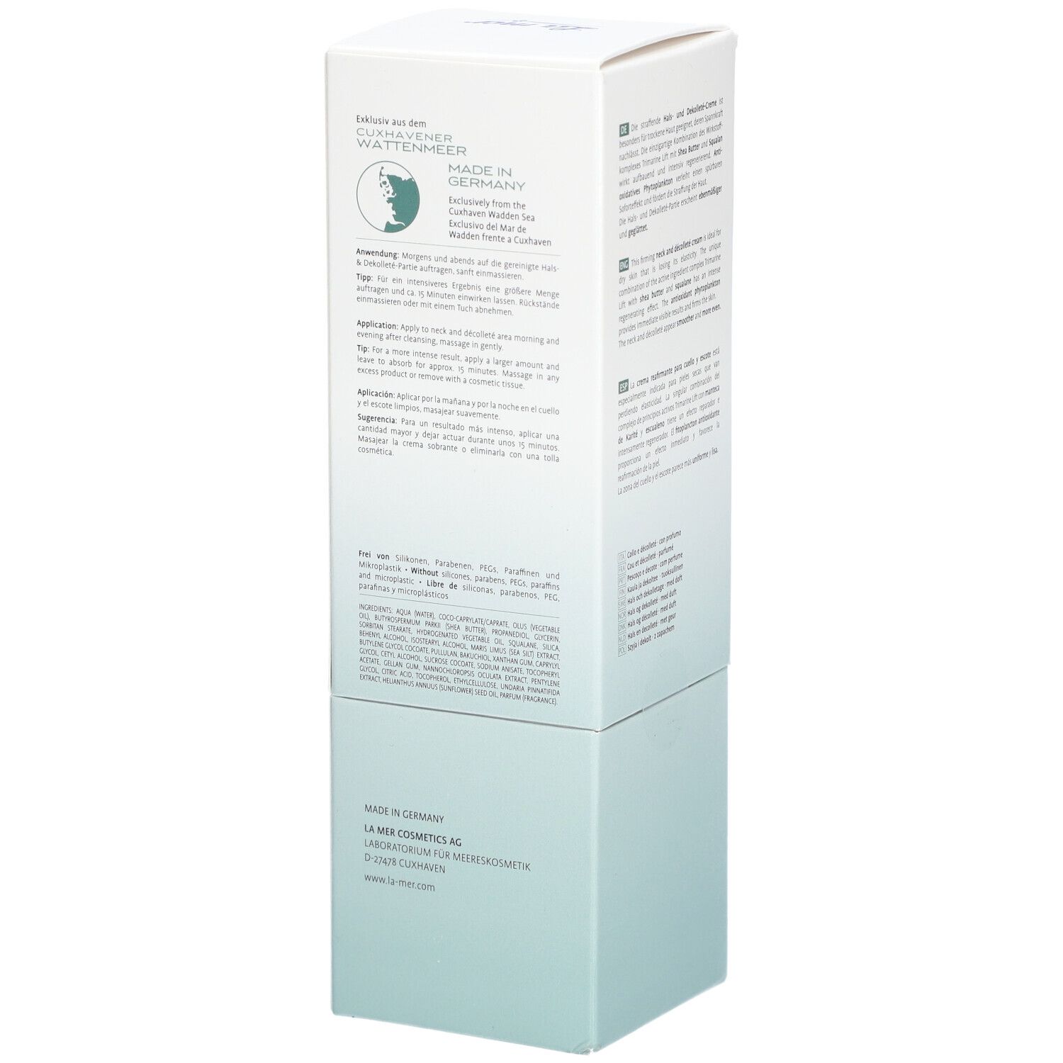 Côté de l'emballage La Mer Supreme Lift Anti-Age Cream. Texte et logo. Fabriqué en Allemagne. Code QR.