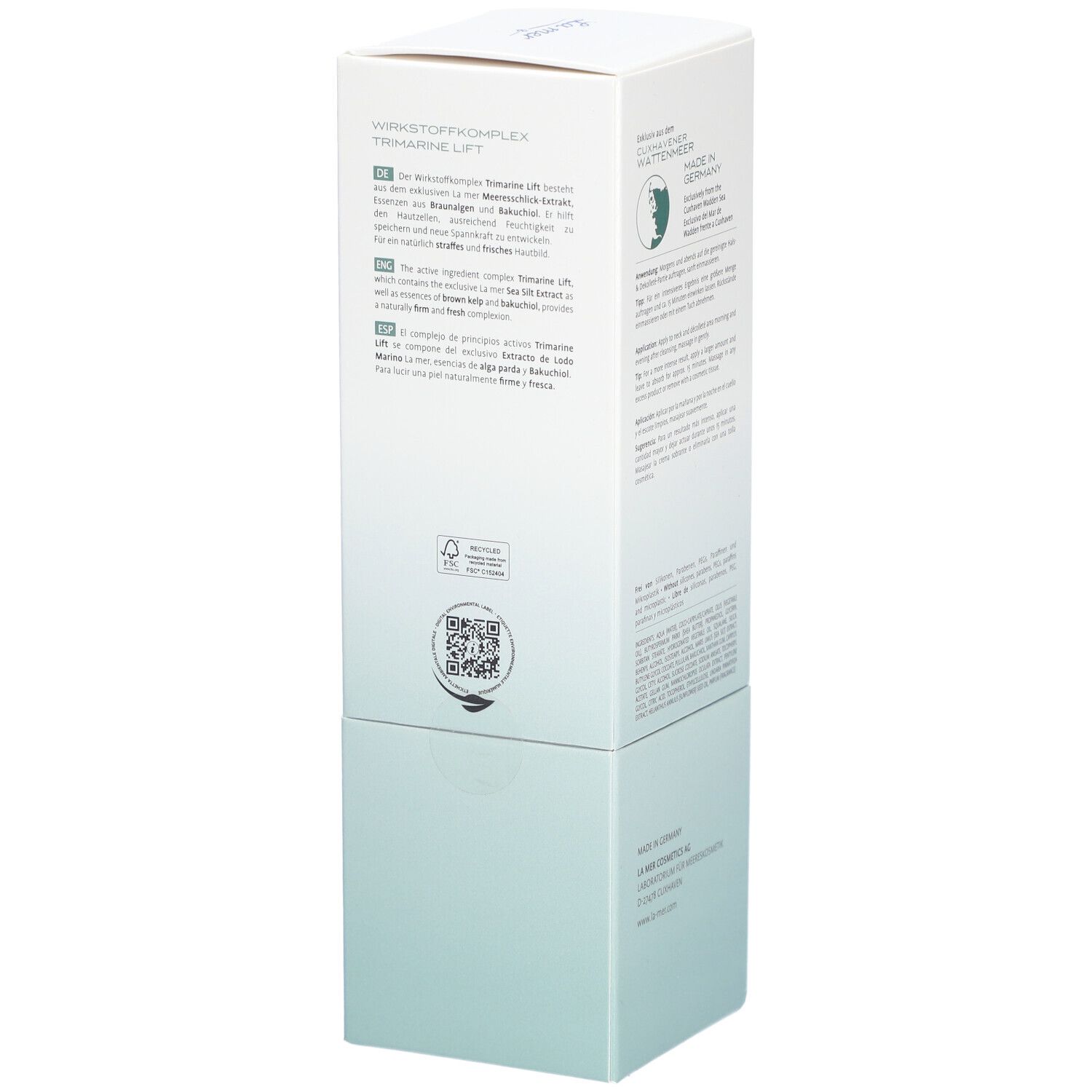 Côté de l'emballage La Mer Supreme Lift Anti-Age Cream. Texte et logo. Fabriqué en Allemagne. Code QR.