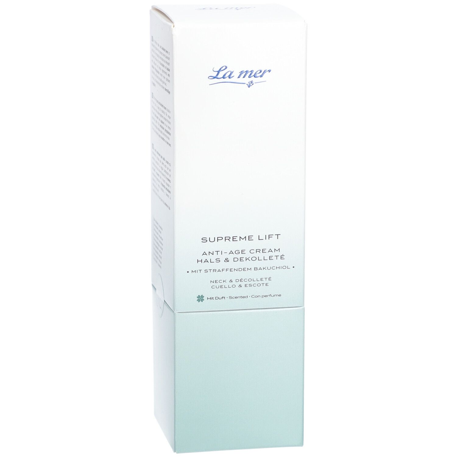 Emballage blanc La Mer Supreme Lift Anti-Age Cream Hals & Dekolleté. Logo et nom du produit. Dégradés de bleu et de vert.