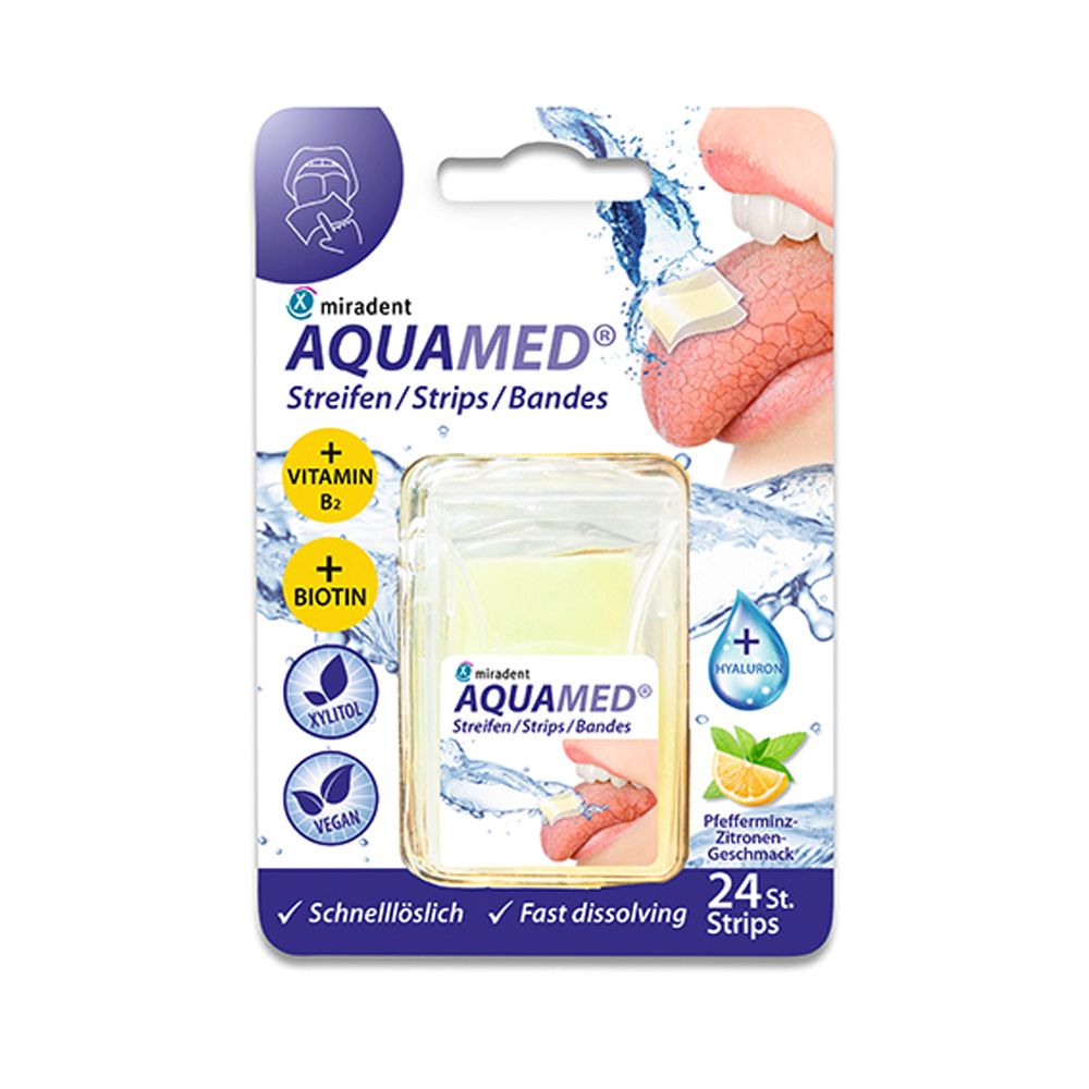 Emballage blister de bandes miradent AQUAMED. Contient 24 bandes, vitamine B2, biotine, xylitol et végétalien.