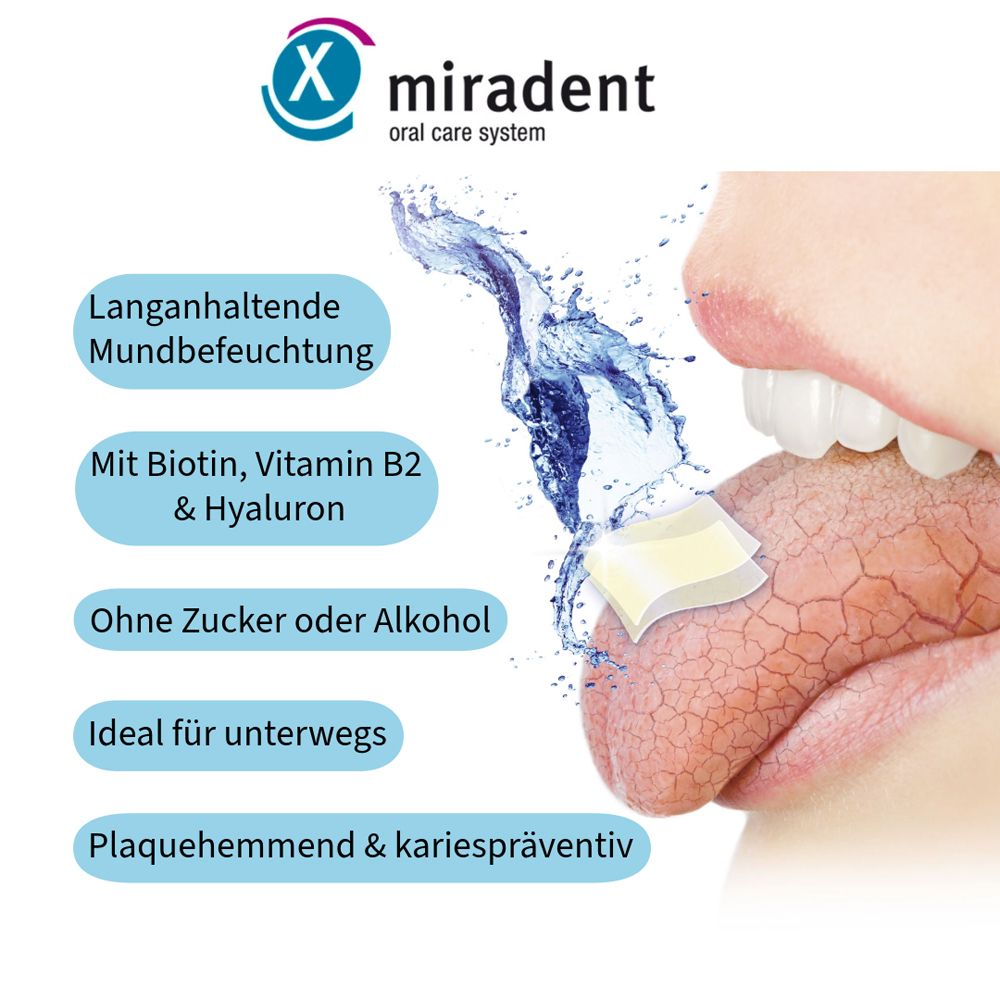 Langue avec une bande. Texte: Hydratation buccale longue durée, Avec biotine, vitamine B2 et hyaluron, Sans sucre ni alcool.