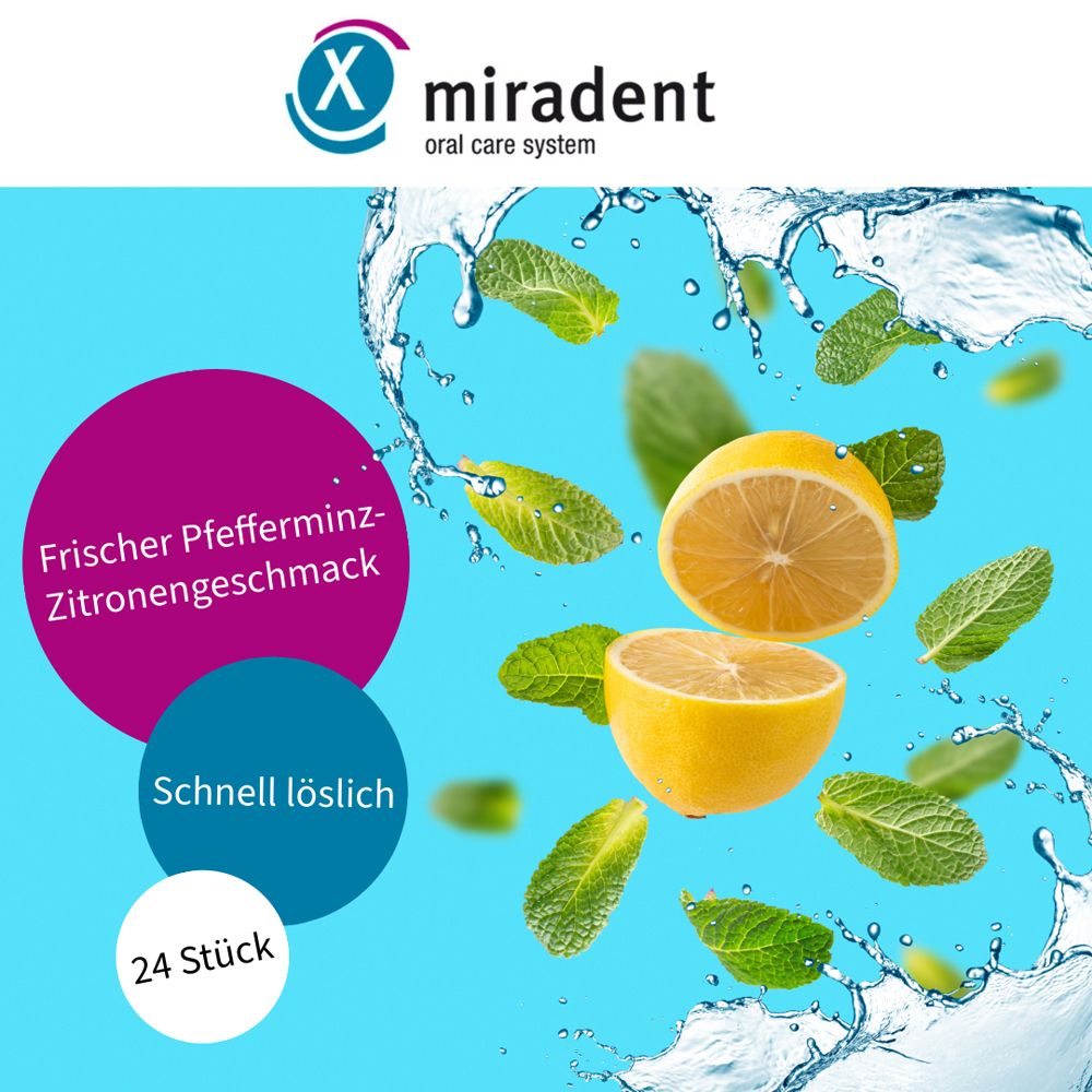 Citron et feuilles de menthe dans l'eau. Texte: Goût frais menthe-citron, Dissolution rapide, 24 pièces.
